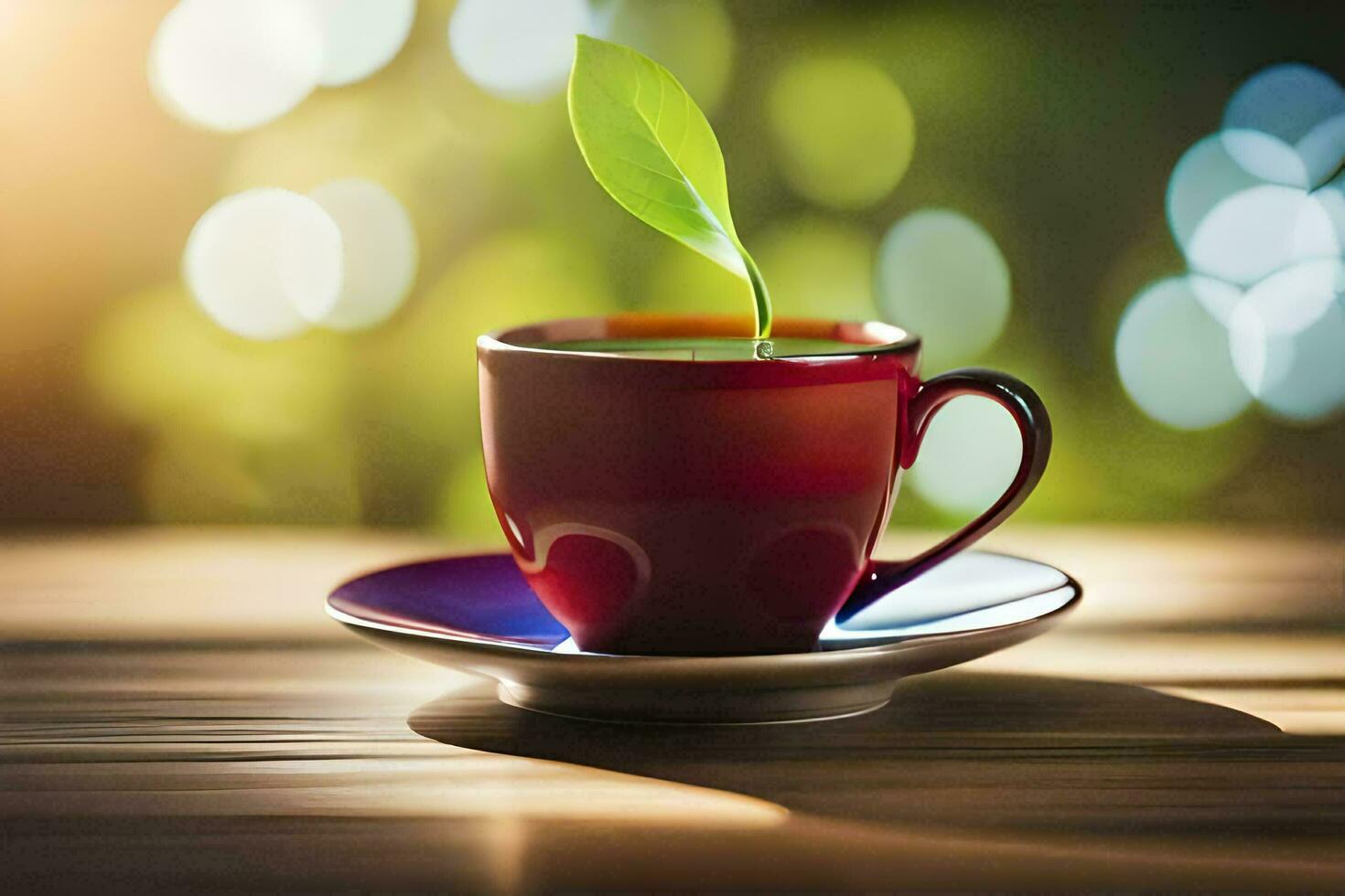 a cup of tea with a green leaf. AI-Generated photo