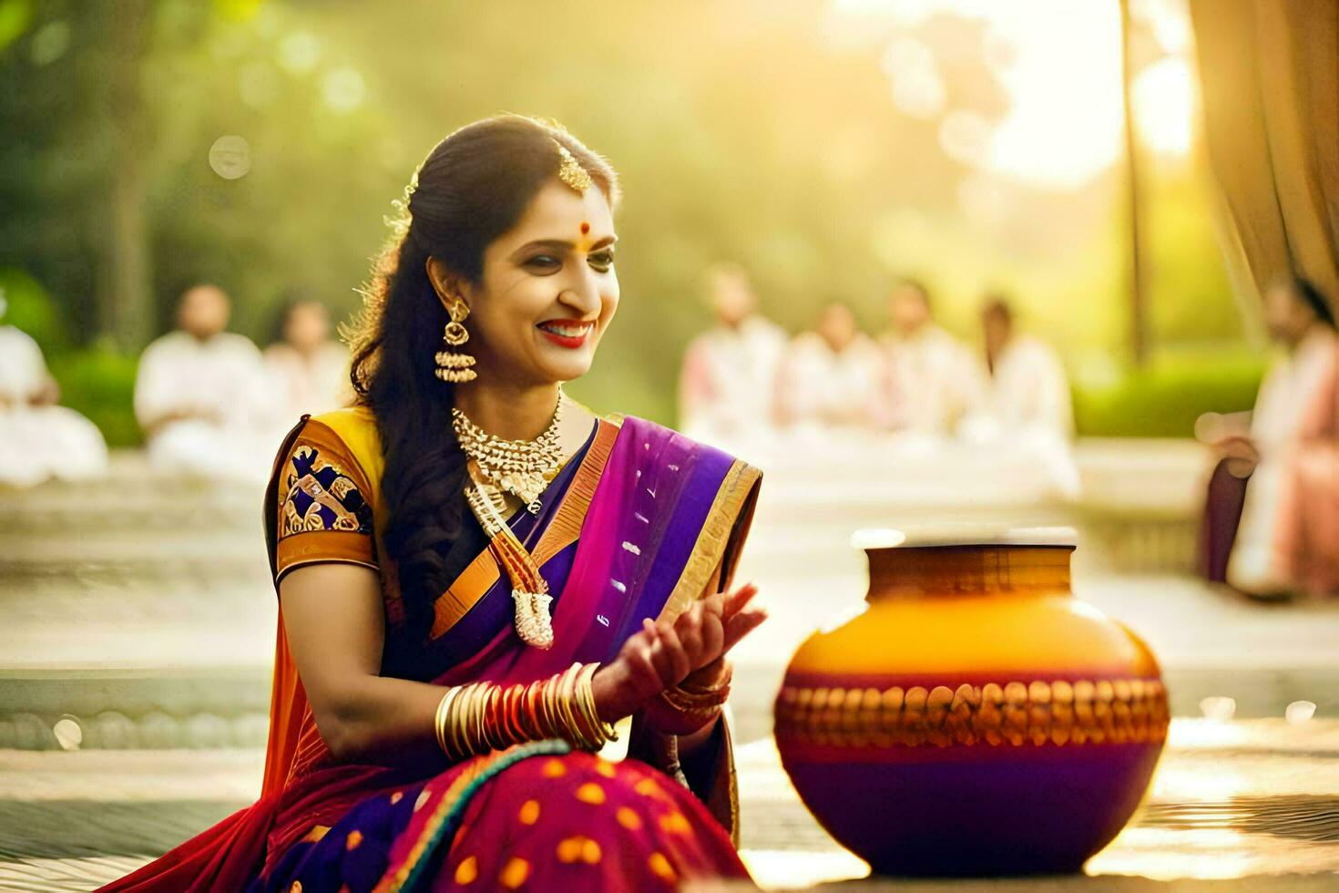 a woman in traditional indian attire sits on the ground with a pot. AI-Generated photo