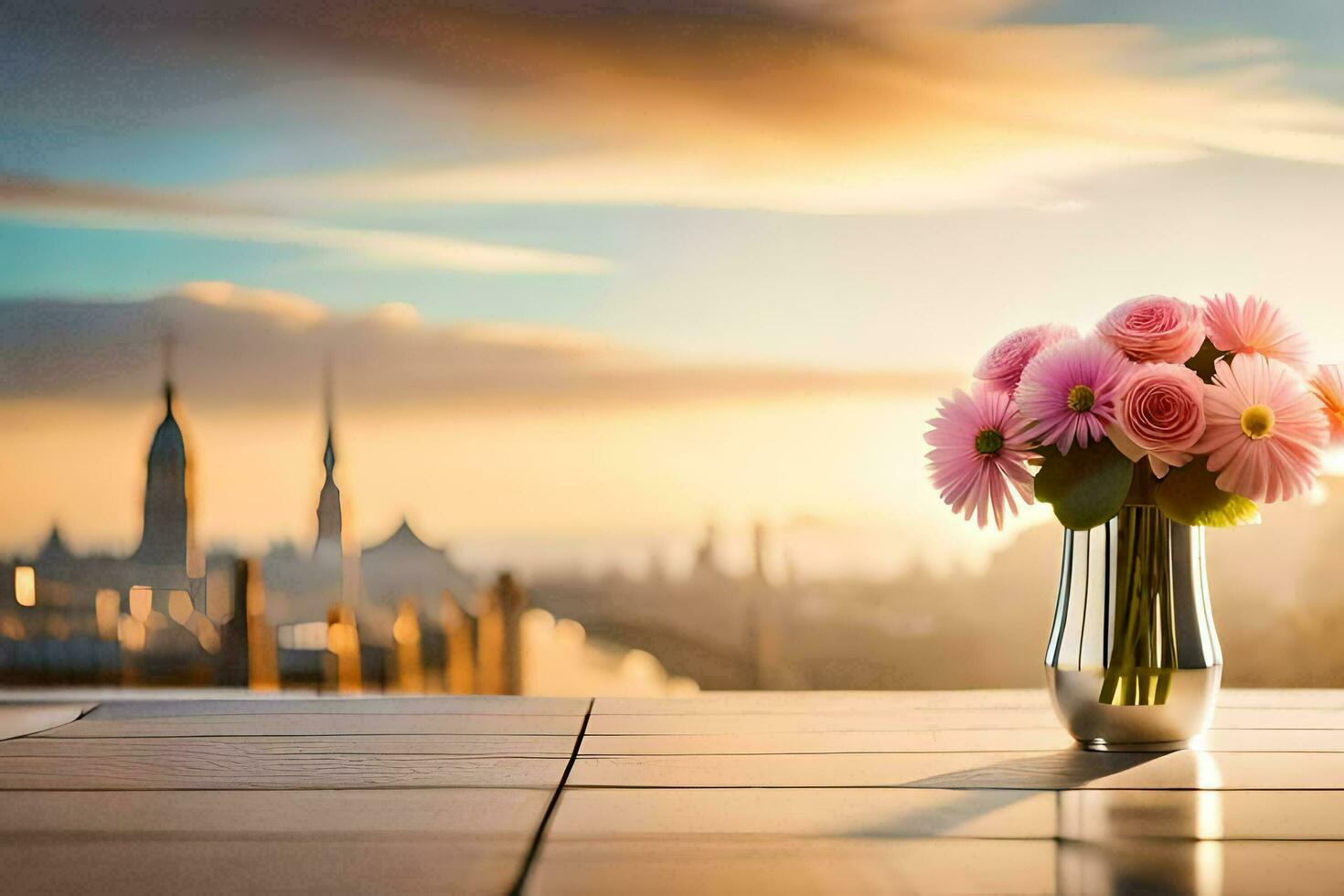 a vase of pink flowers on a table with a cityscape in the background. AI-Generated photo