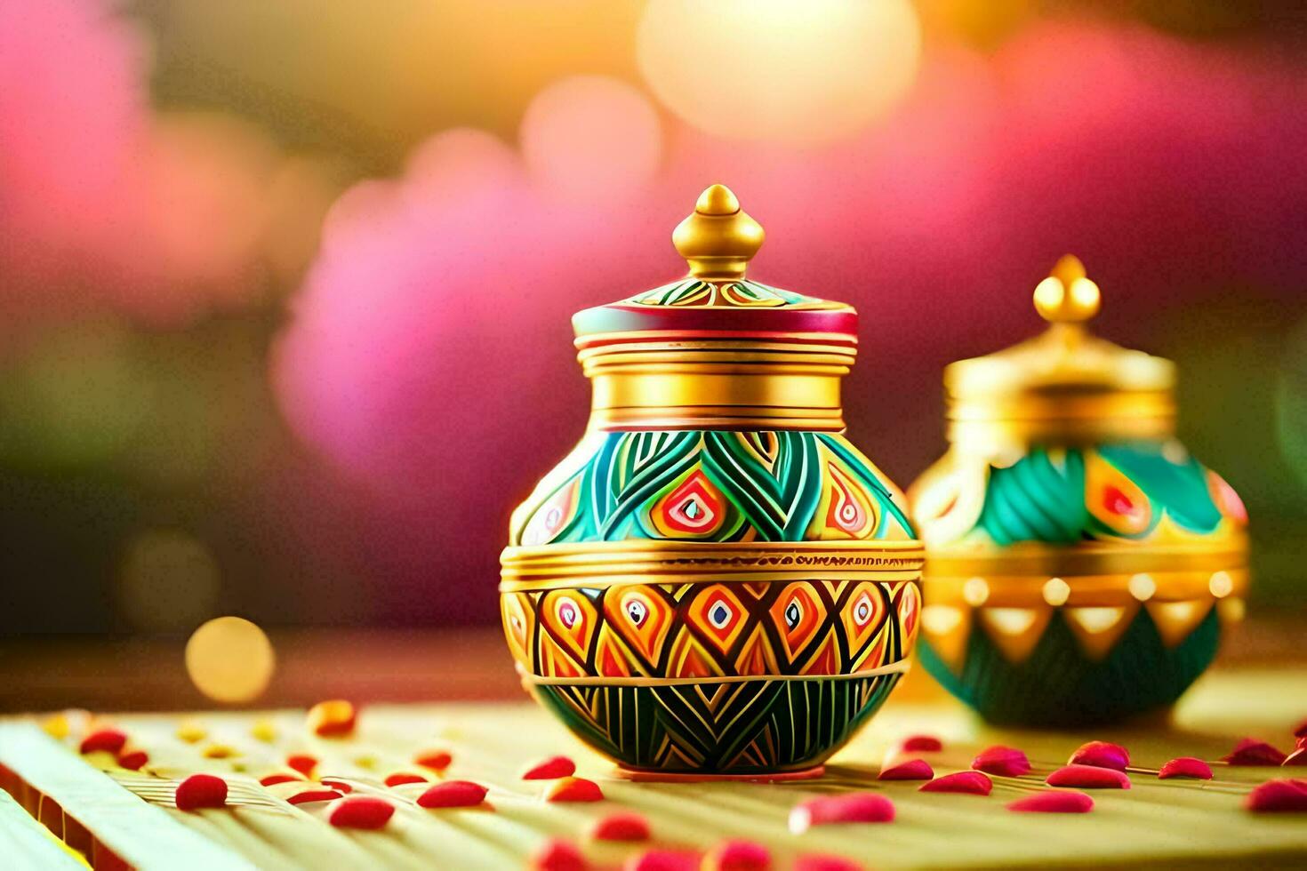 two colorful vases on a wooden table with pink petals. AI-Generated photo
