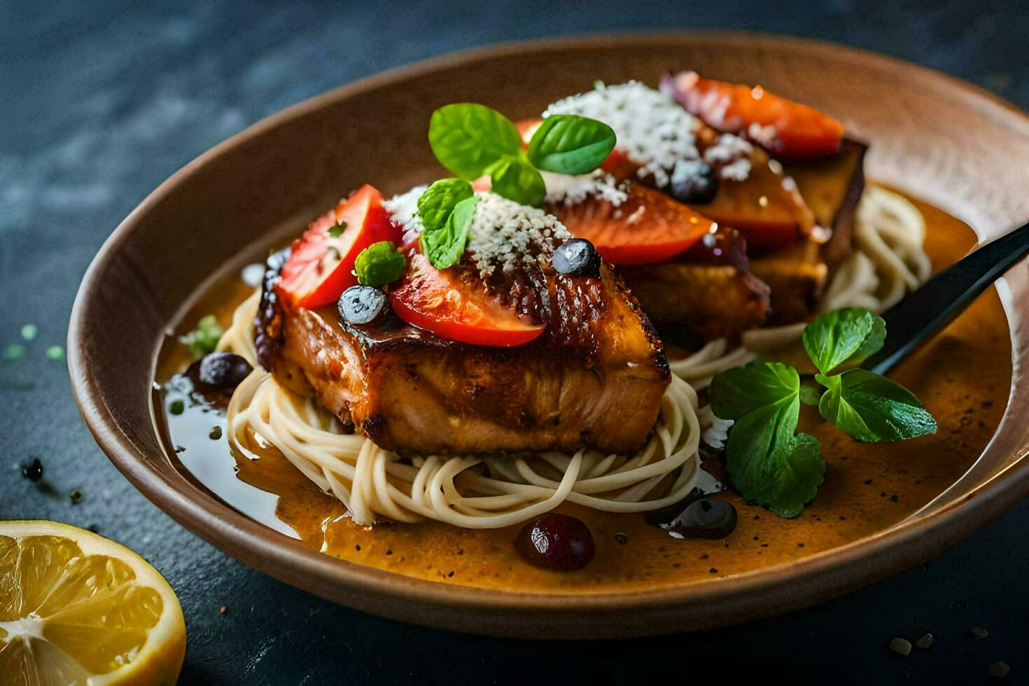 a plate of spaghetti with meat and tomatoes. AI-Generated photo