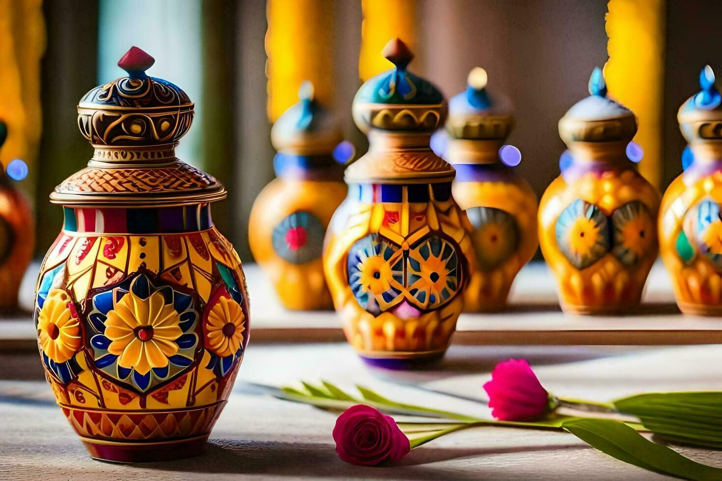 a table with many colorful vases and flowers. AI-Generated photo