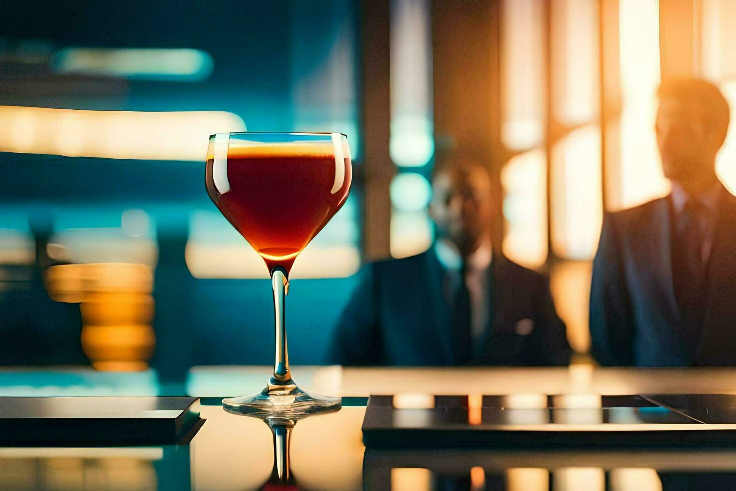 a glass of wine sitting on a table in front of two men. AI-Generated photo