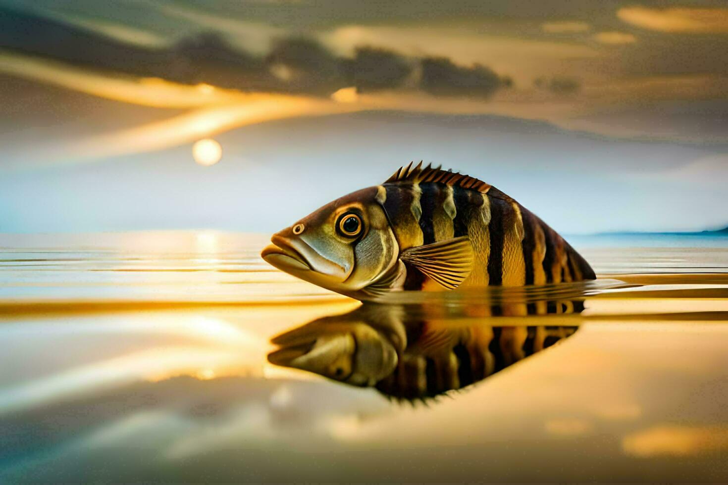 a fish swimming in the water at sunset. AI-Generated photo