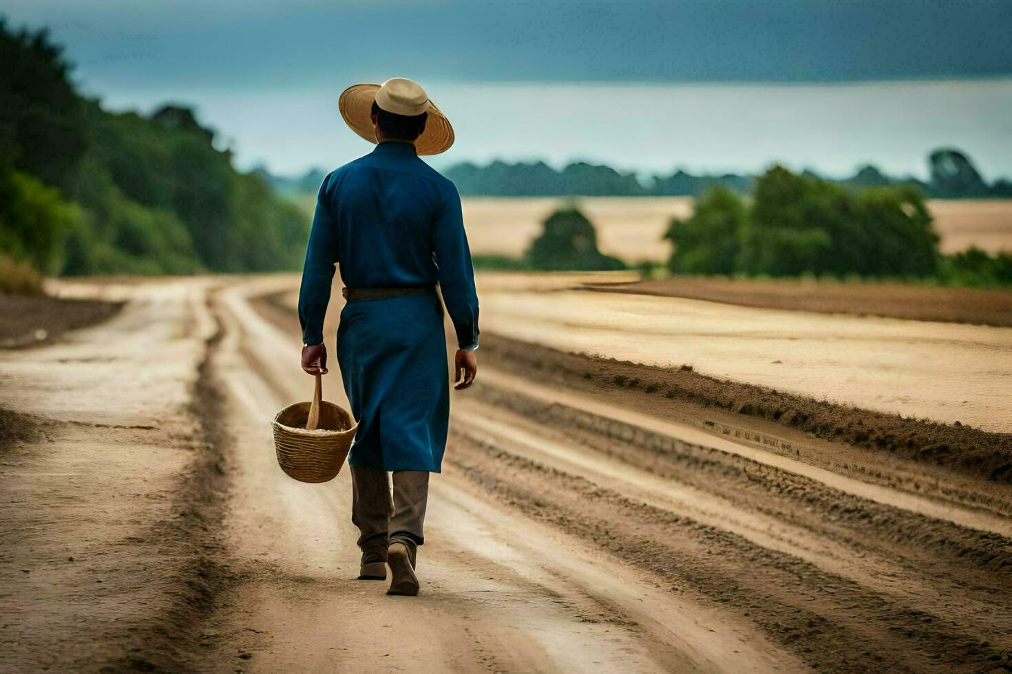 a man in a blue dress and hat walking down a dirt road. AI-Generated photo