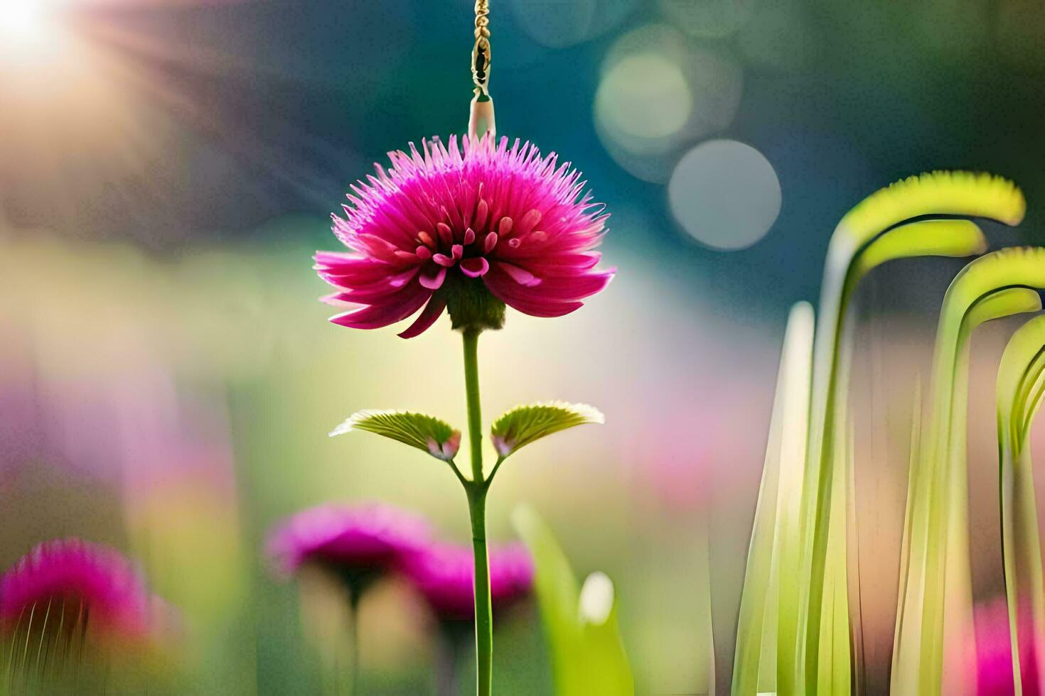 a pink flower is hanging from a hook in a field. AI-Generated photo