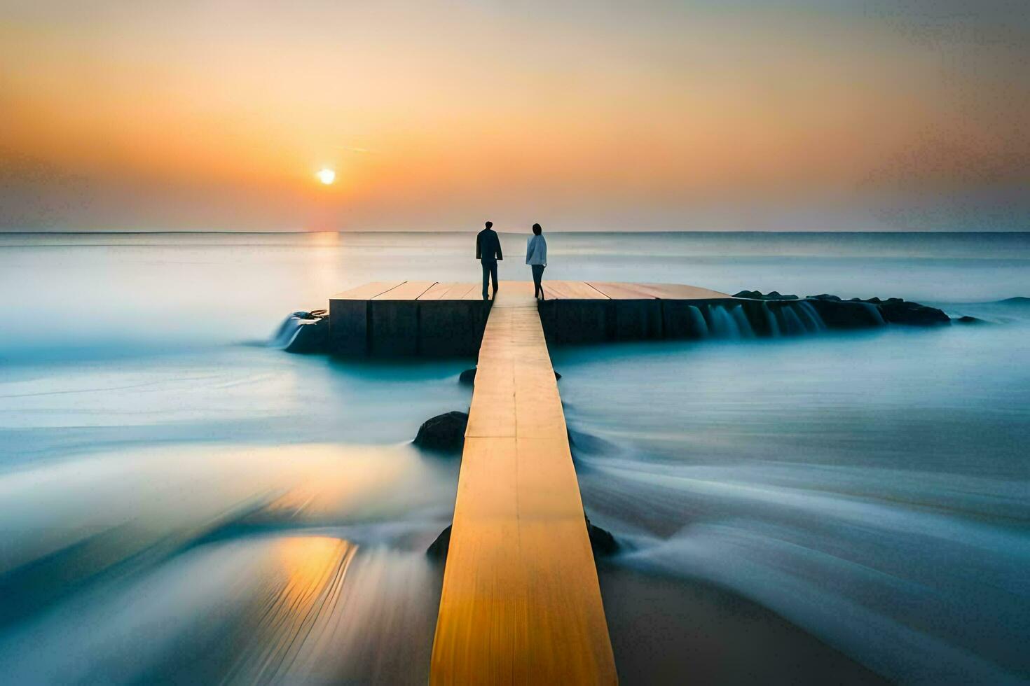 a couple standing on a pier at sunset. AI-Generated photo