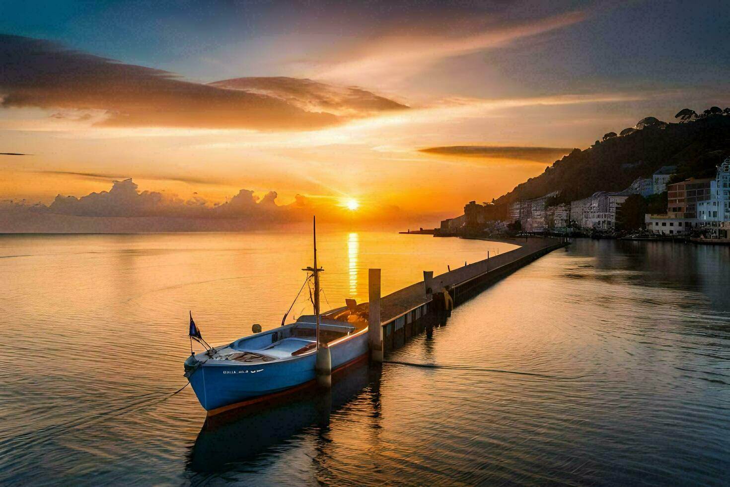 a boat is docked at the end of a dock at sunset. AI-Generated photo