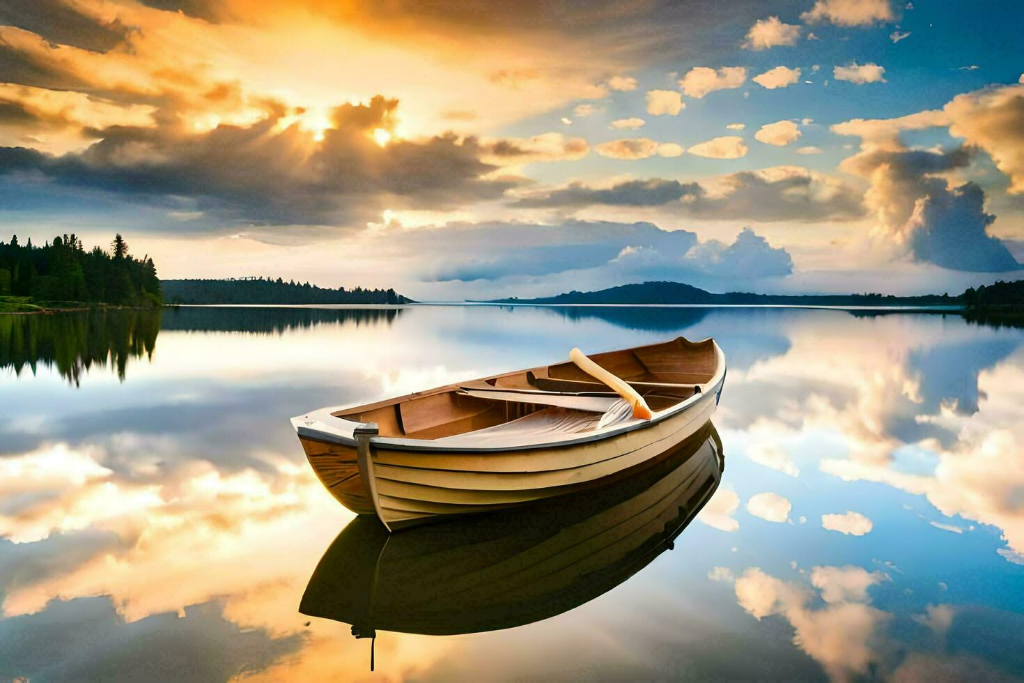 a boat is floating on the calm water. AIGenerated 30357910 Stock Photo