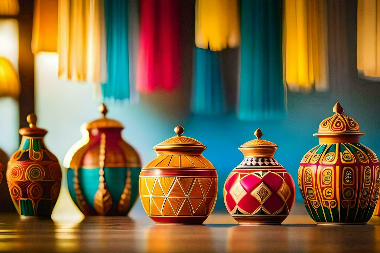 colorful vases on a table with colorful lights. AI-Generated photo