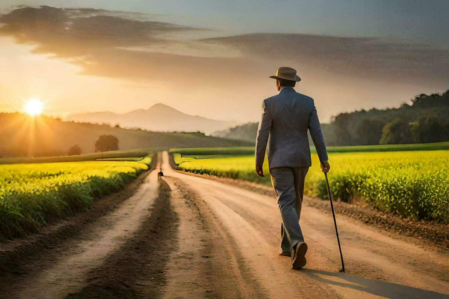 a man in a suit walks down a dirt road with a cane. AI-Generated photo