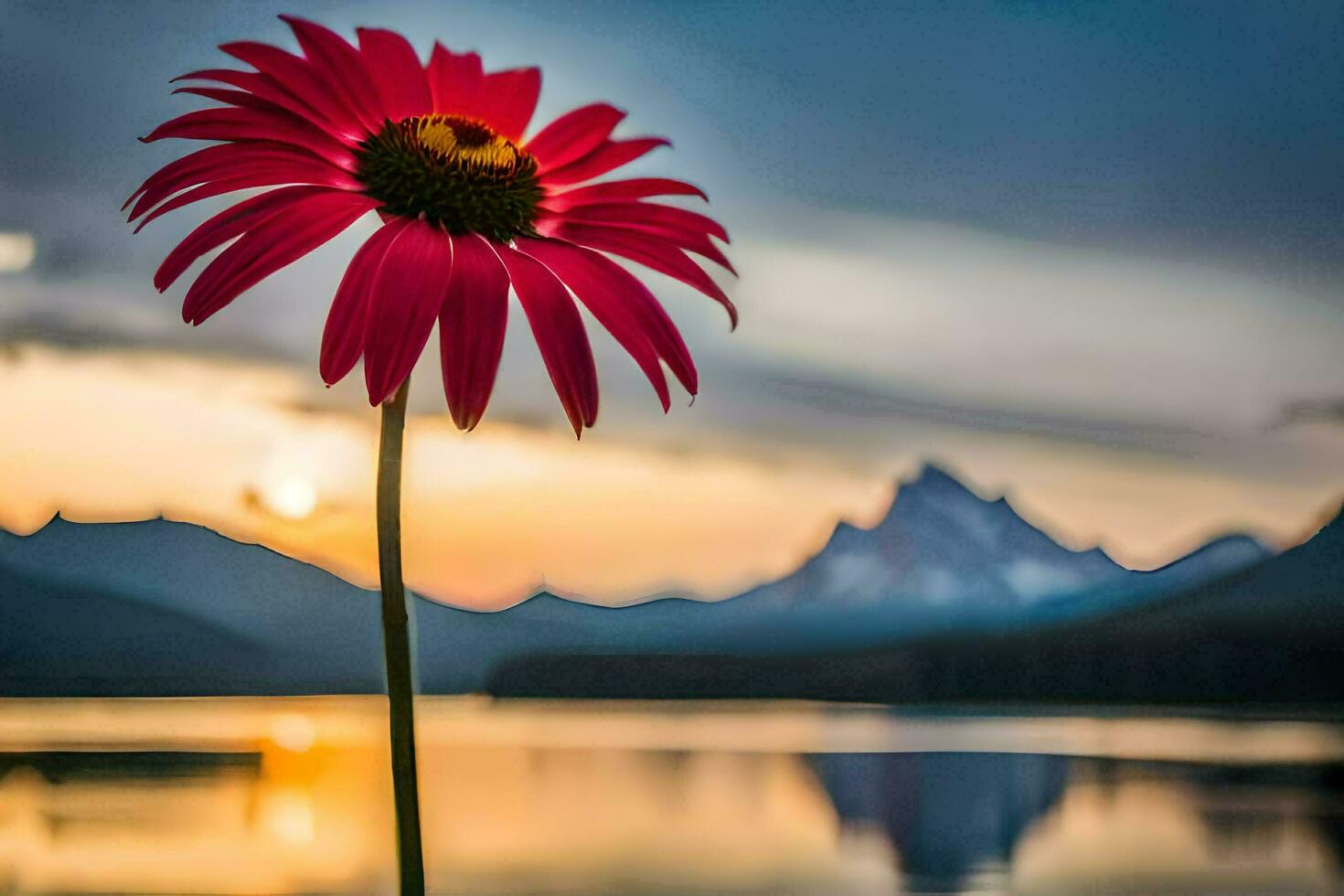 a red flower stands in front of a lake at sunset. AI-Generated photo