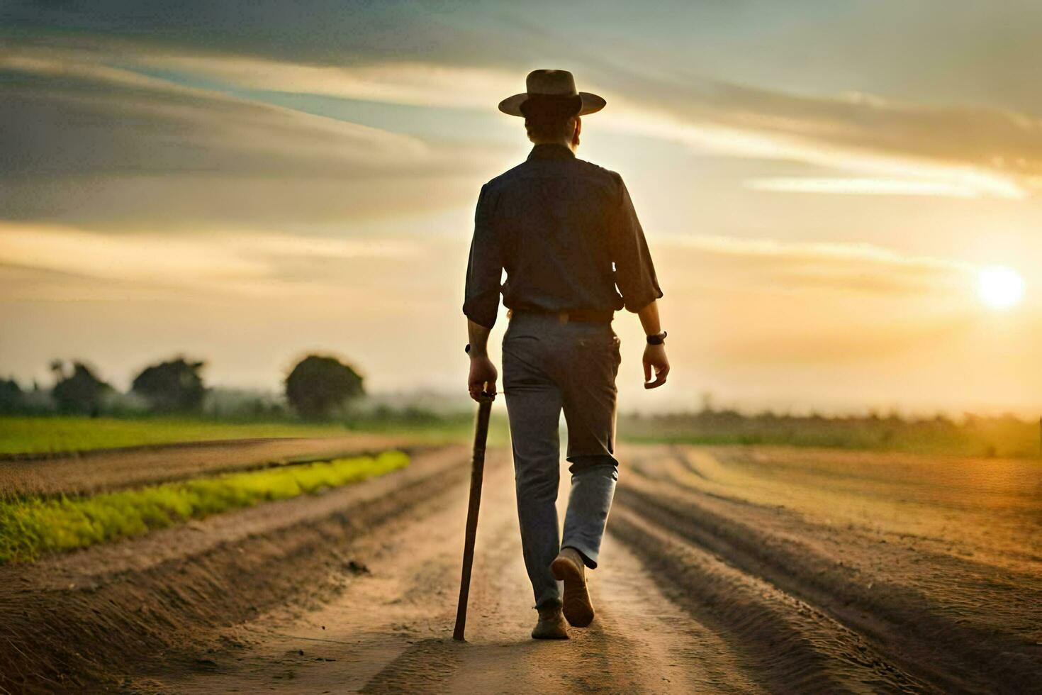 a man walking on a dirt road with a cane. AI-Generated photo