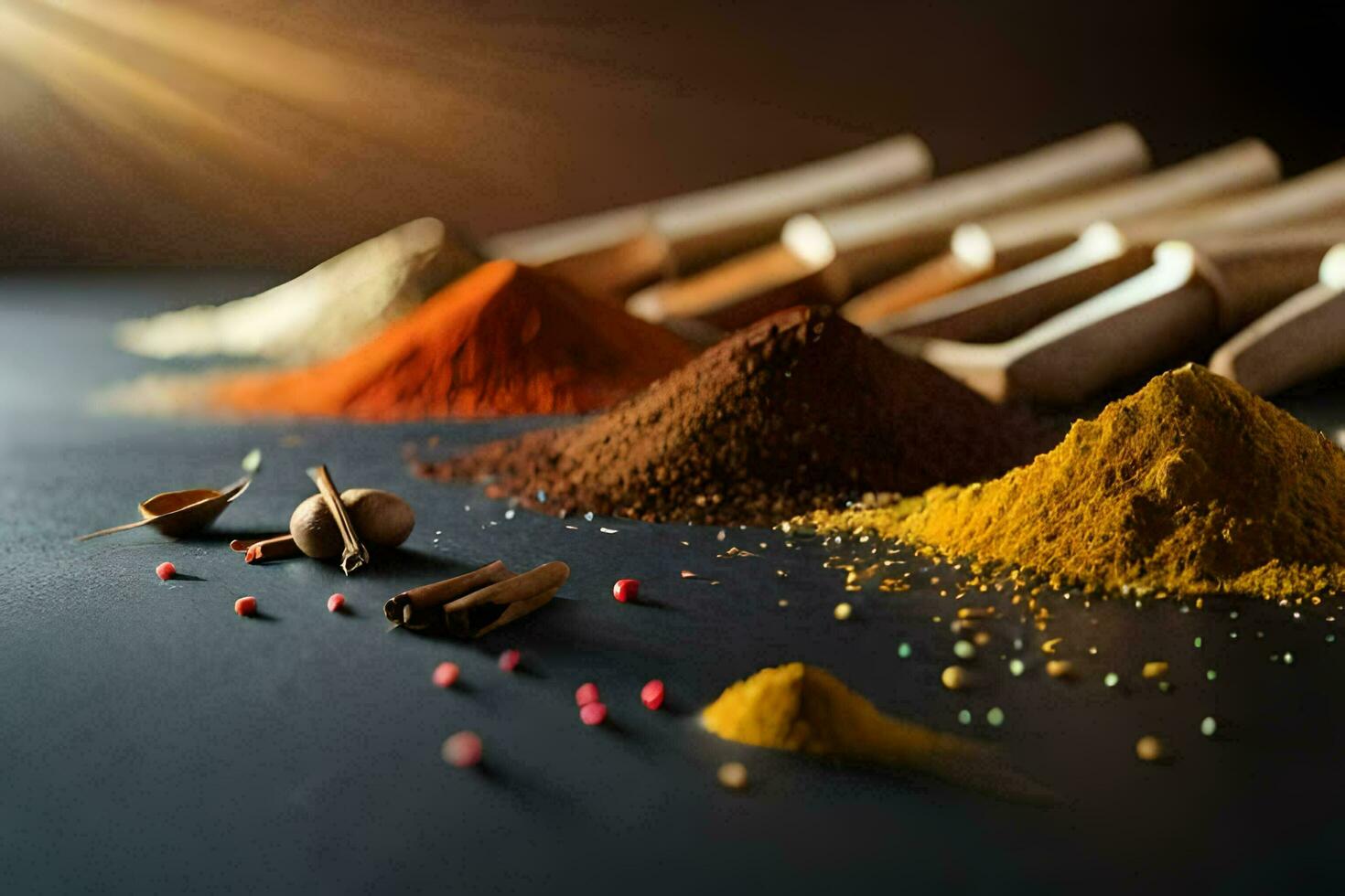 various spices and spices on a table. AI-Generated photo