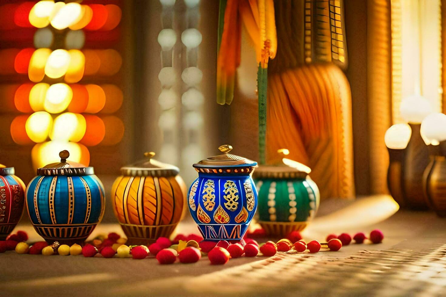 colorful diyas and colorful lights on a table. AI-Generated photo