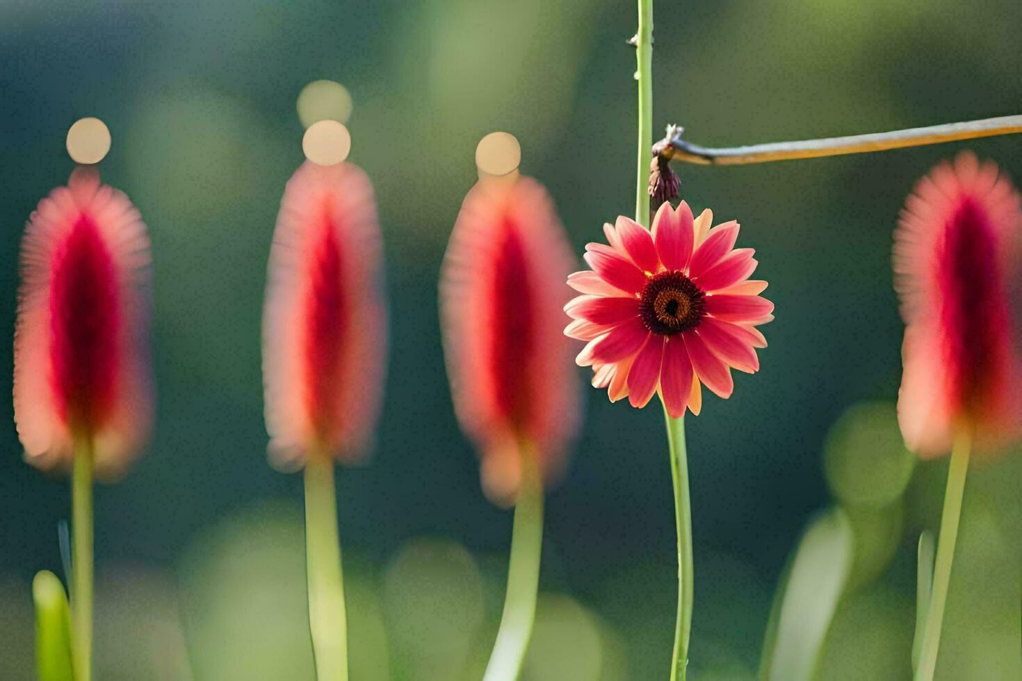 a red flower is standing in front of some green grass. AI-Generated photo