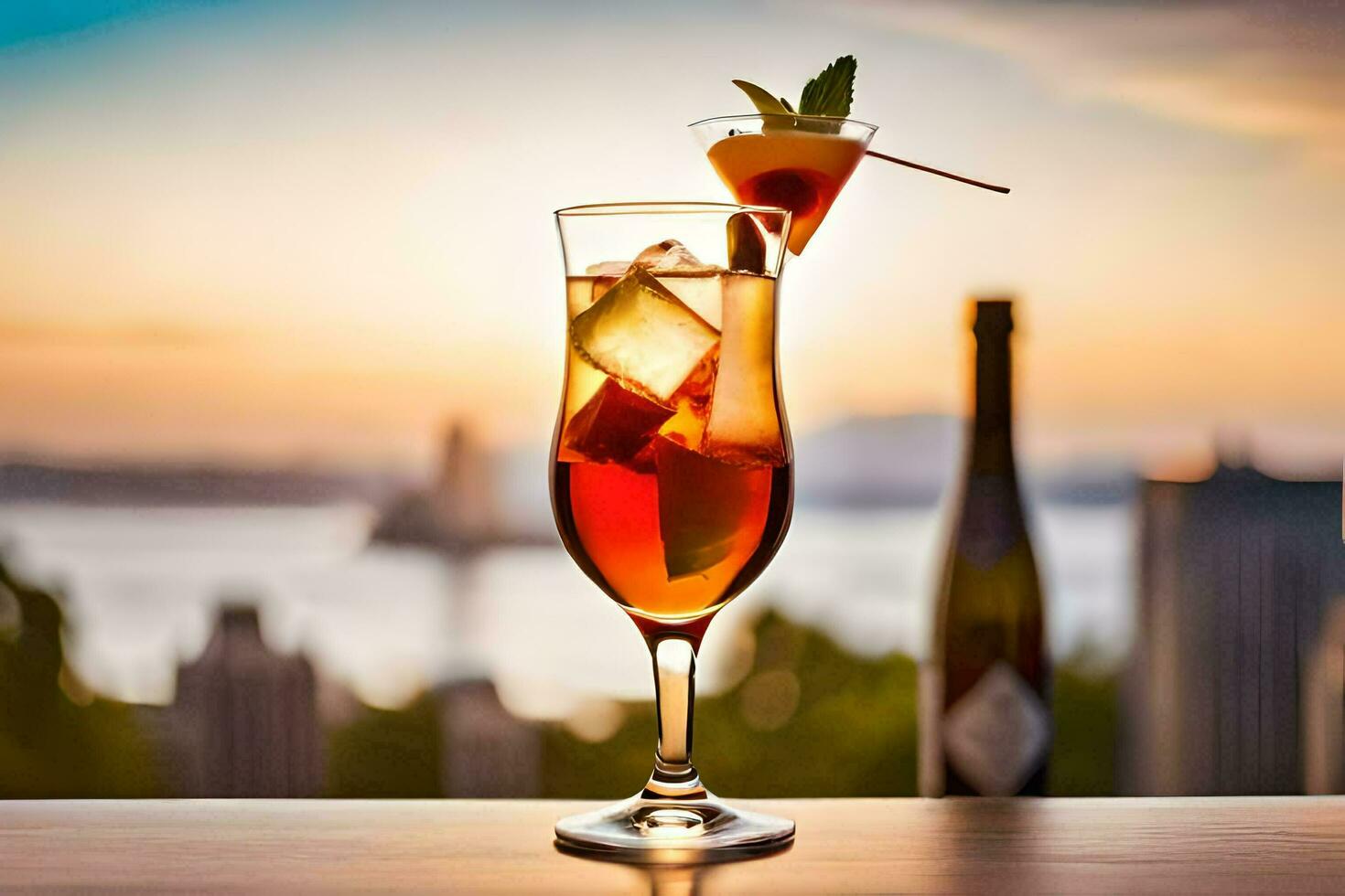 cocktail in a glass with a view of the city. AI-Generated photo