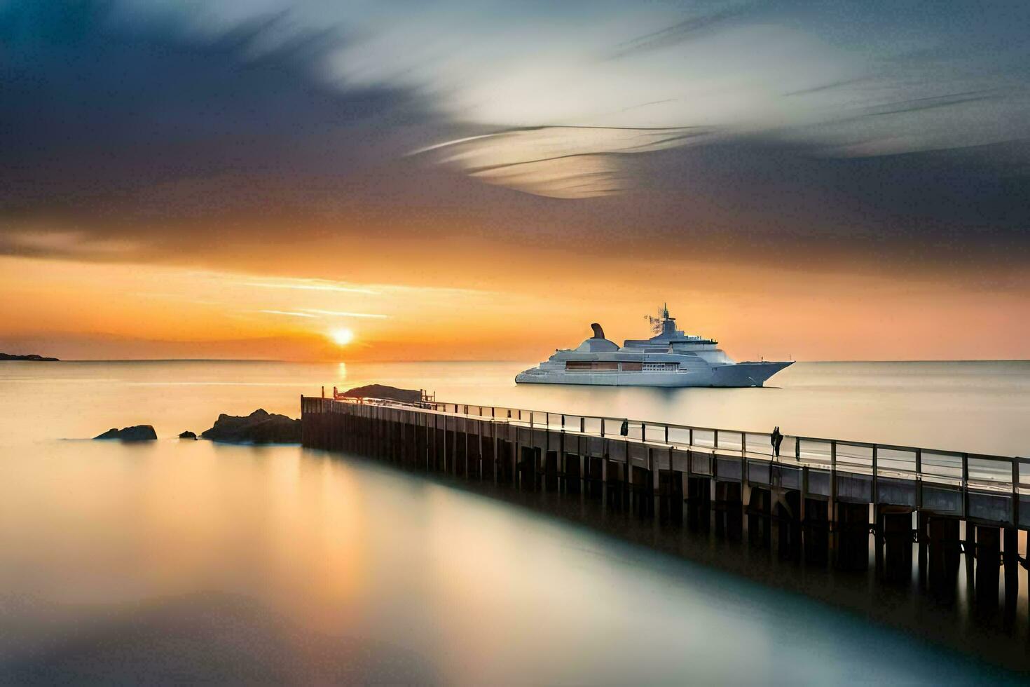 a yacht is docked at the end of a pier at sunset. AI-Generated photo