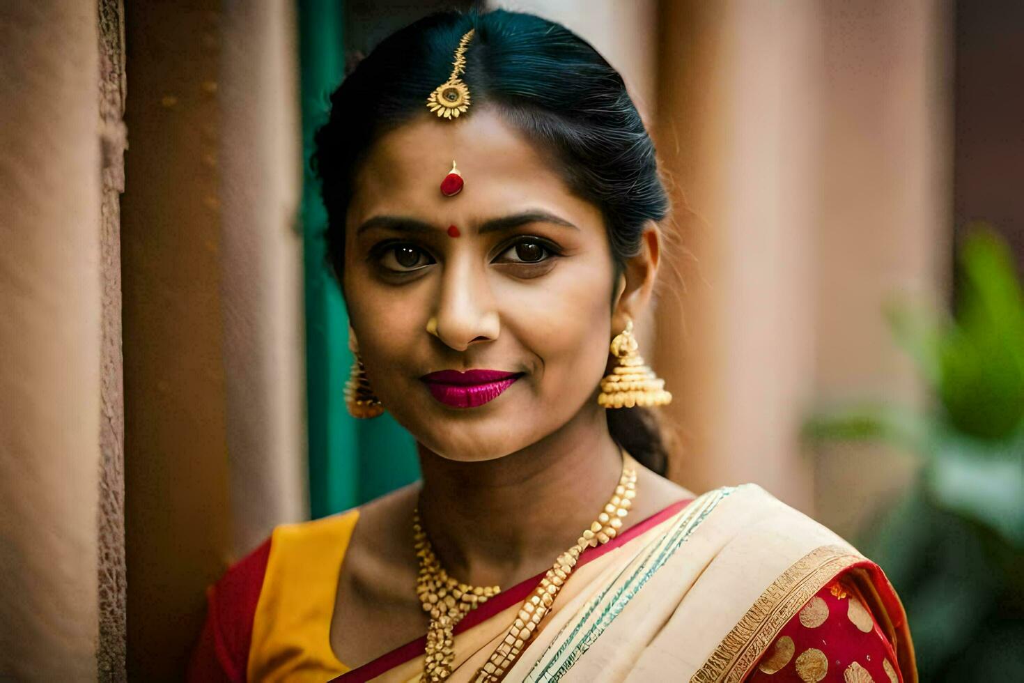 a beautiful indian woman wearing a traditional sari. AI-Generated photo