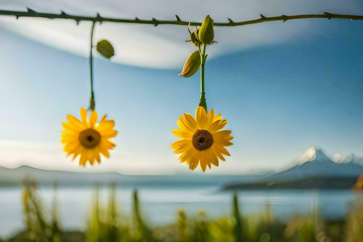 two yellow flowers hanging from a vine near a lake. AI-Generated photo