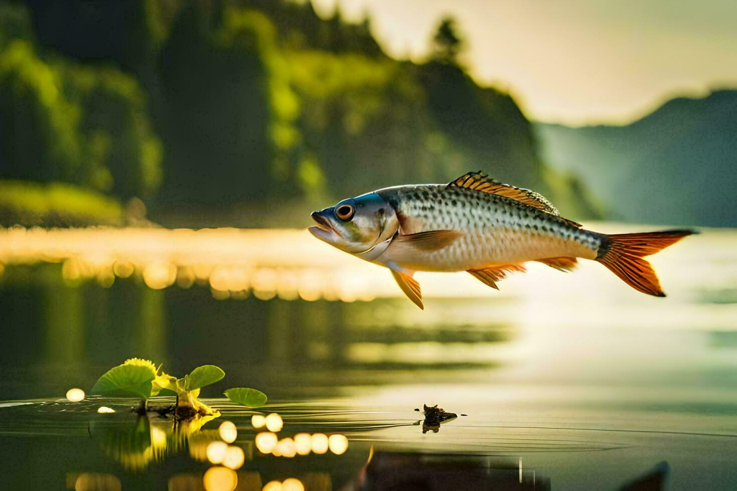 a fish is flying over the water at sunset. AI-Generated photo