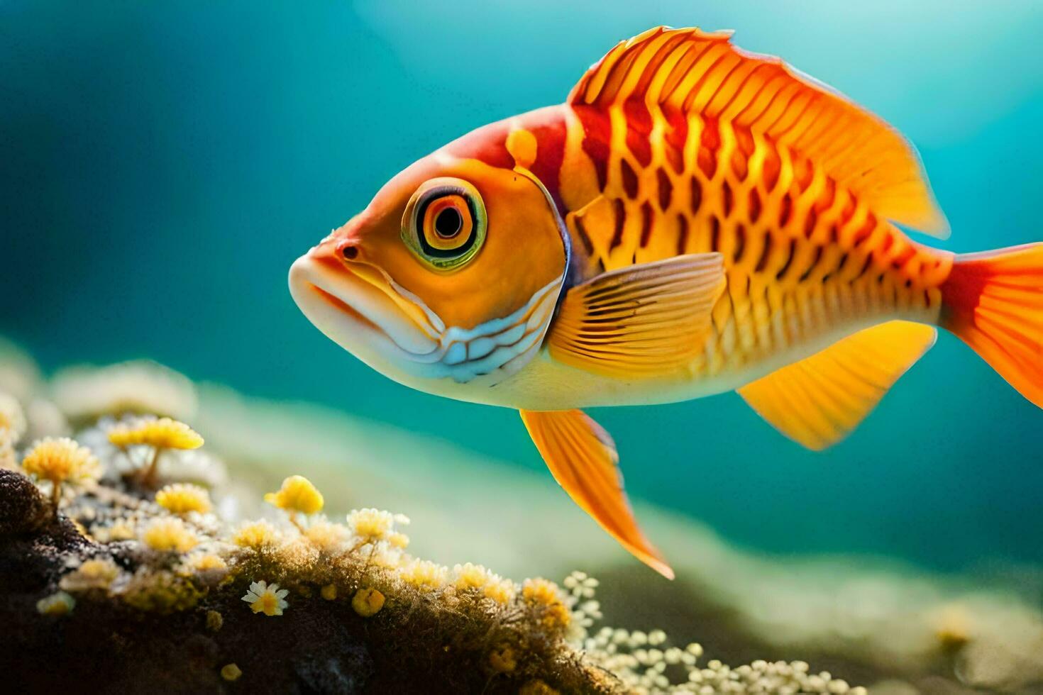 a fish with orange and yellow stripes swimming in the ocean. AI-Generated photo