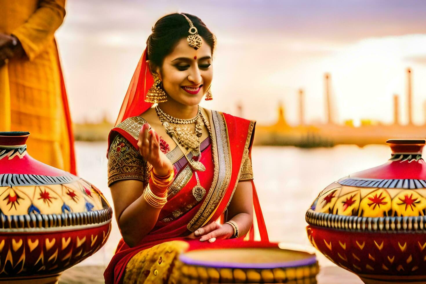 un mujer en tradicional indio atuendo se sienta en el suelo con ollas. generado por ai foto