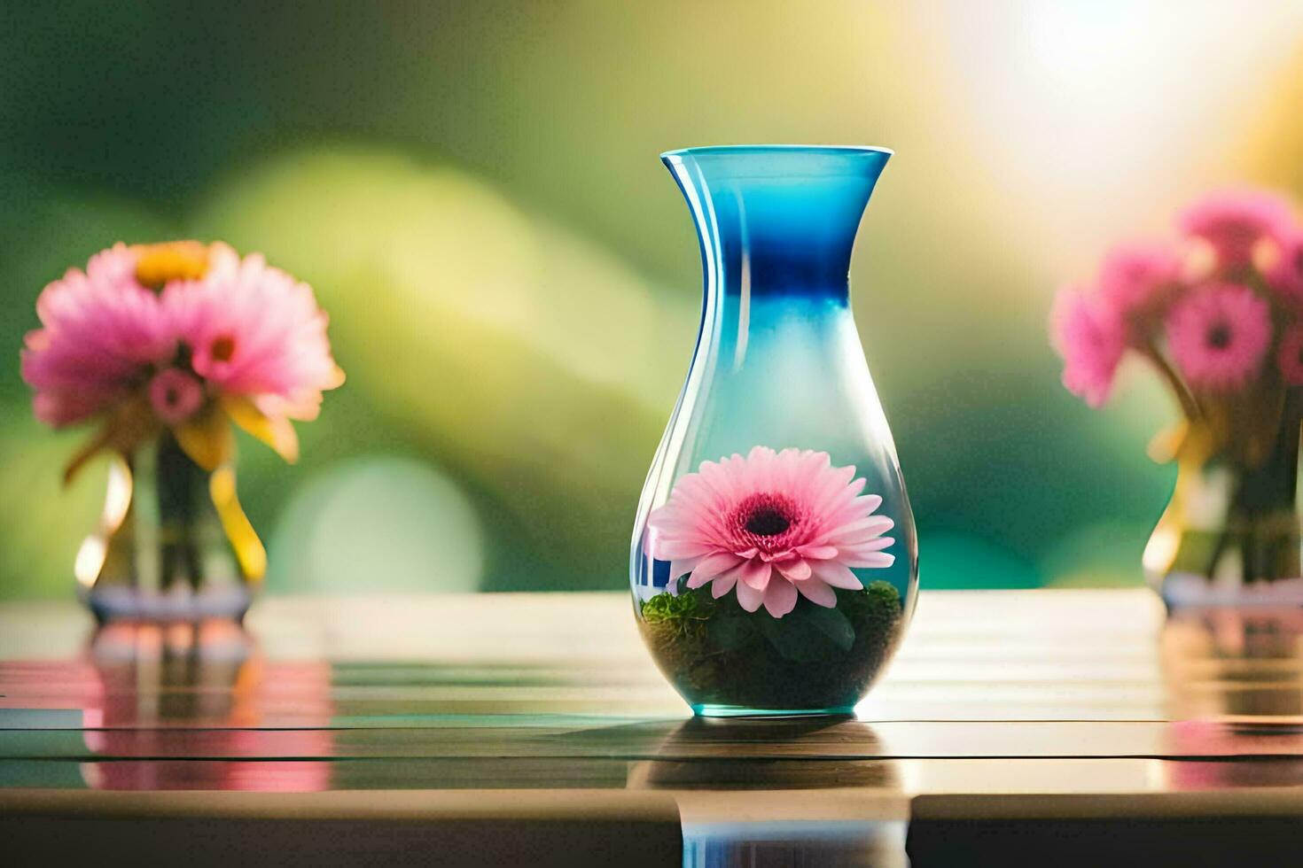 un florero con rosado flores sentado en un mesa. generado por ai foto