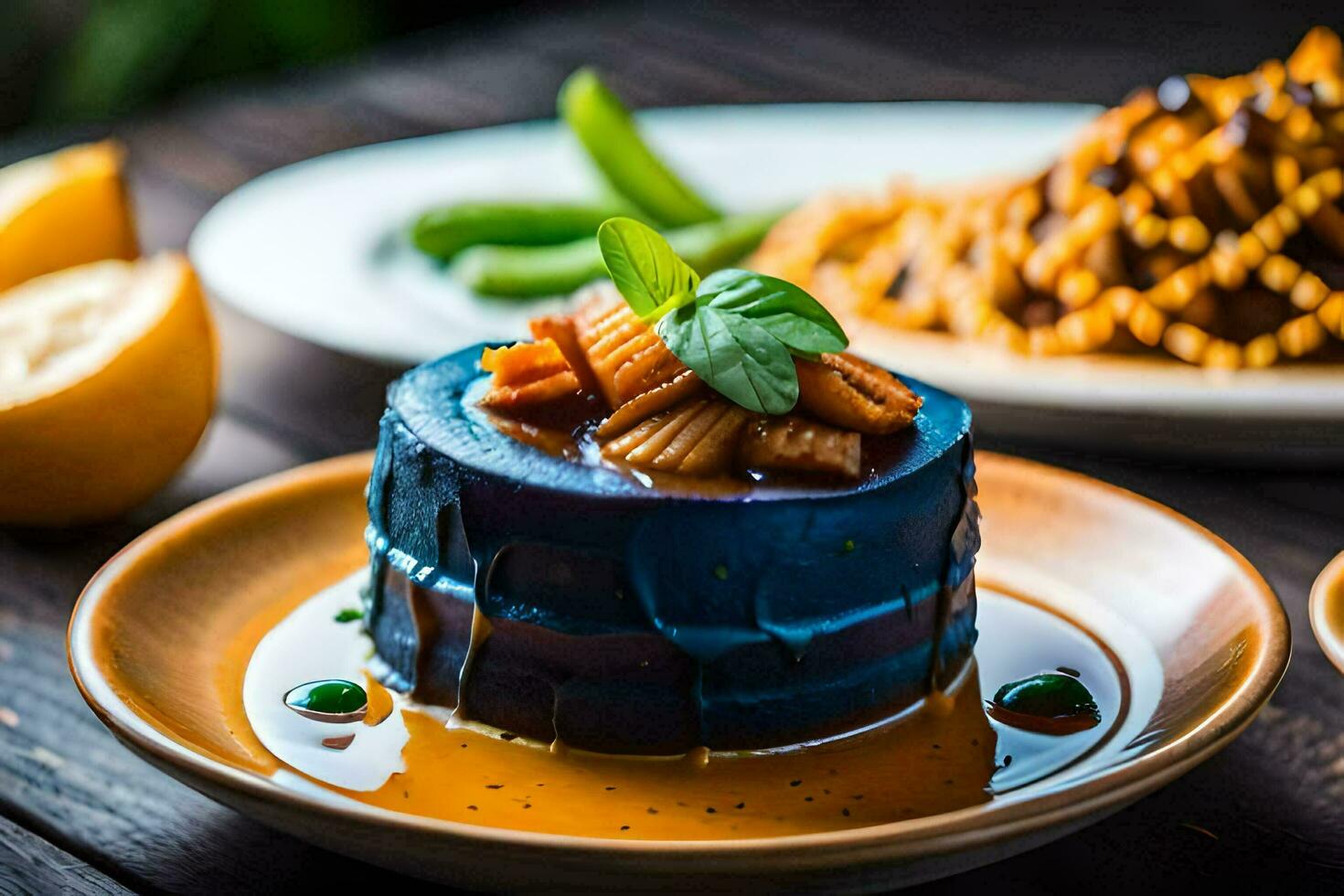 a blue cake with a lemon slice on top. AI-Generated photo