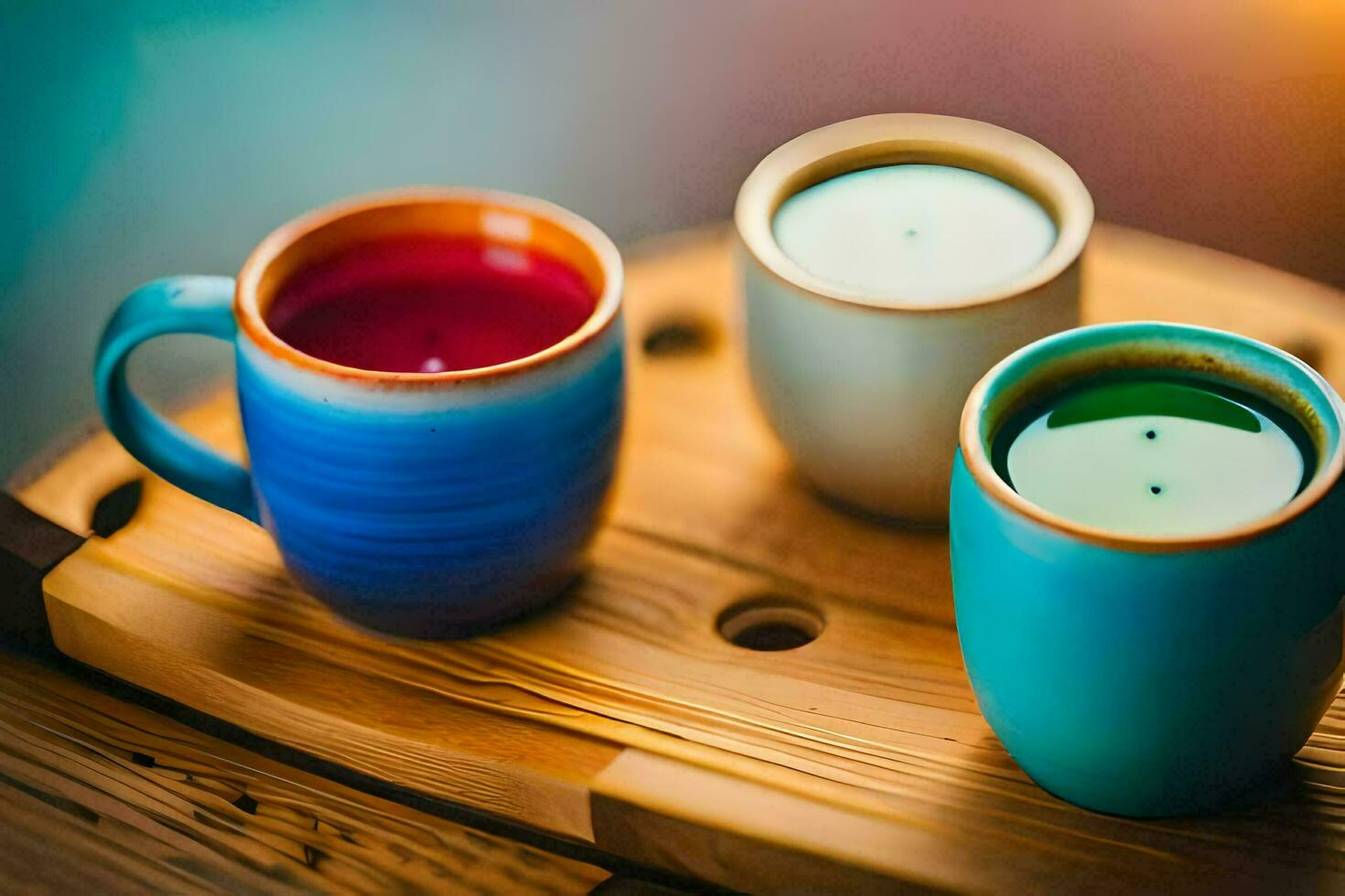 three colorful cups of tea sit on a wooden tray. AI-Generated photo