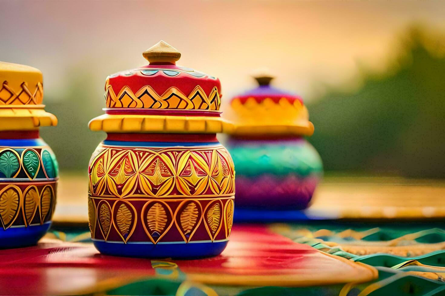 colorful jars with designs on them sit on a table. AI-Generated photo