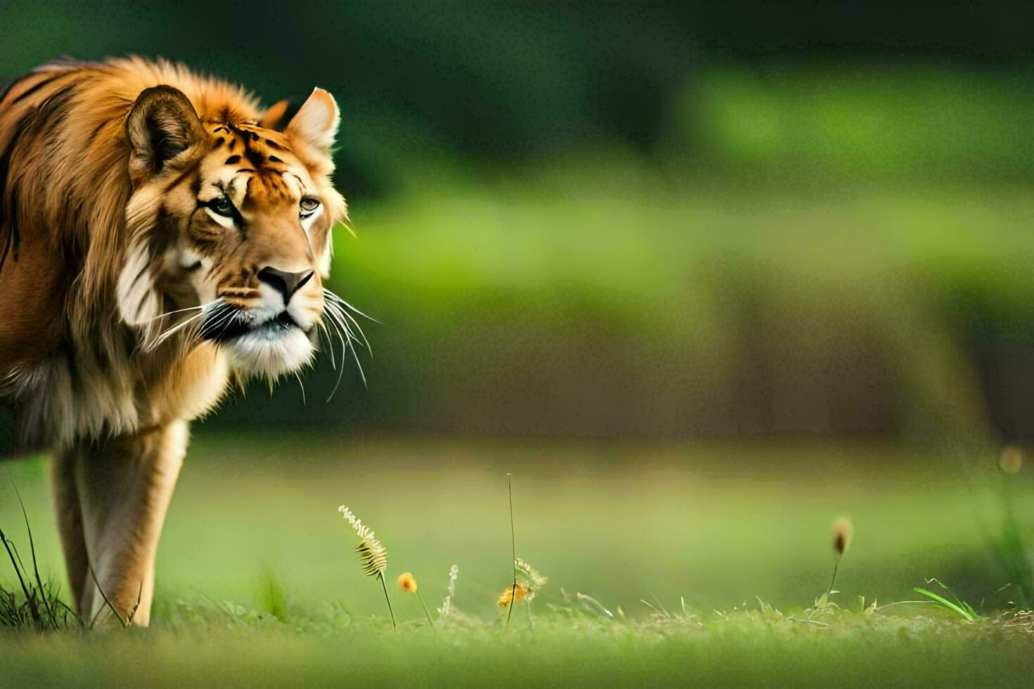 a tiger is walking in the grass. AI-Generated photo