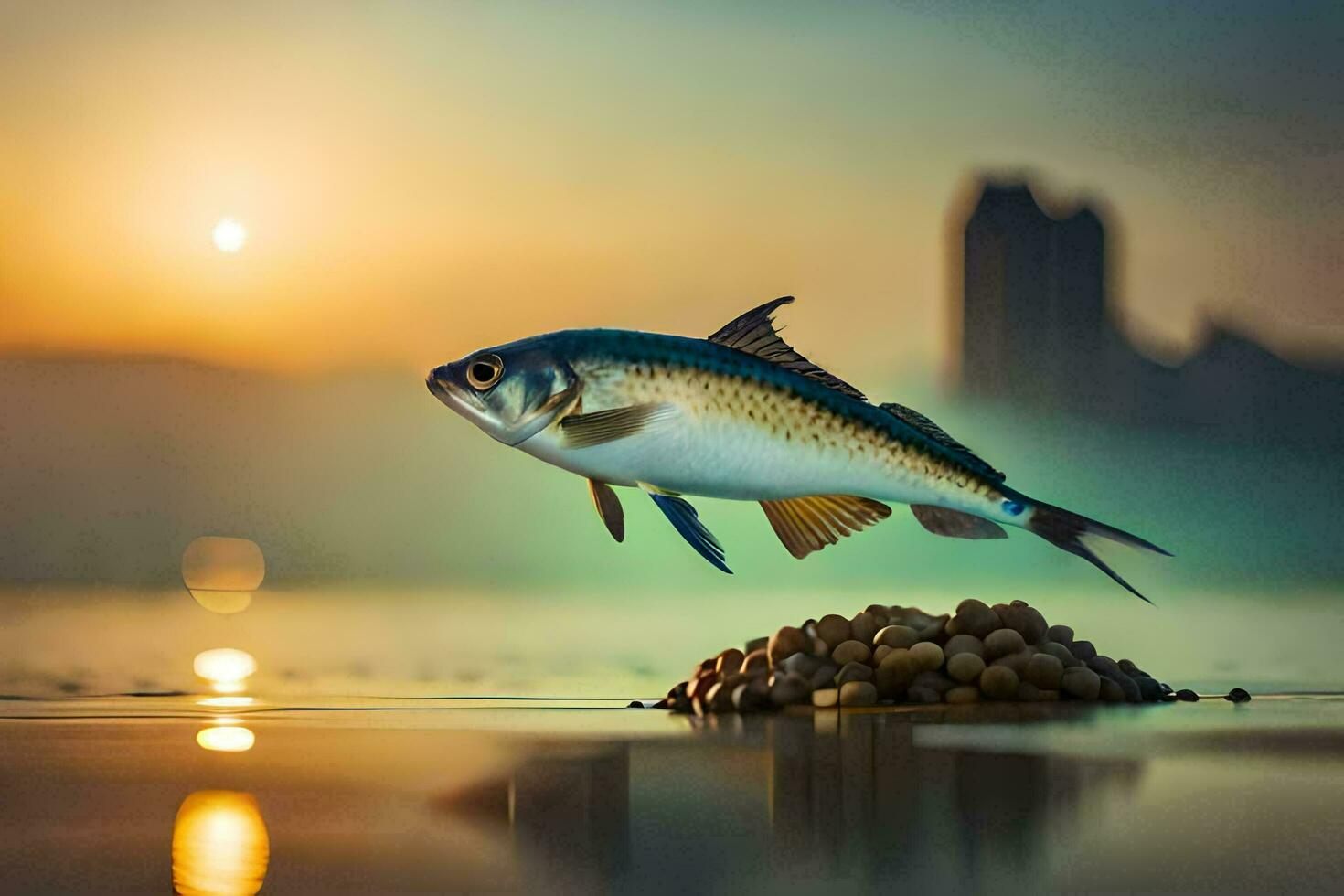 a fish is flying over a pile of food. AI-Generated photo