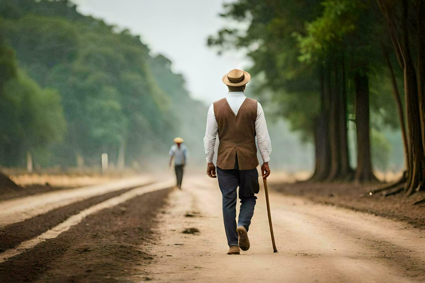 un hombre caminando abajo un suciedad la carretera con un caña. generado por ai foto