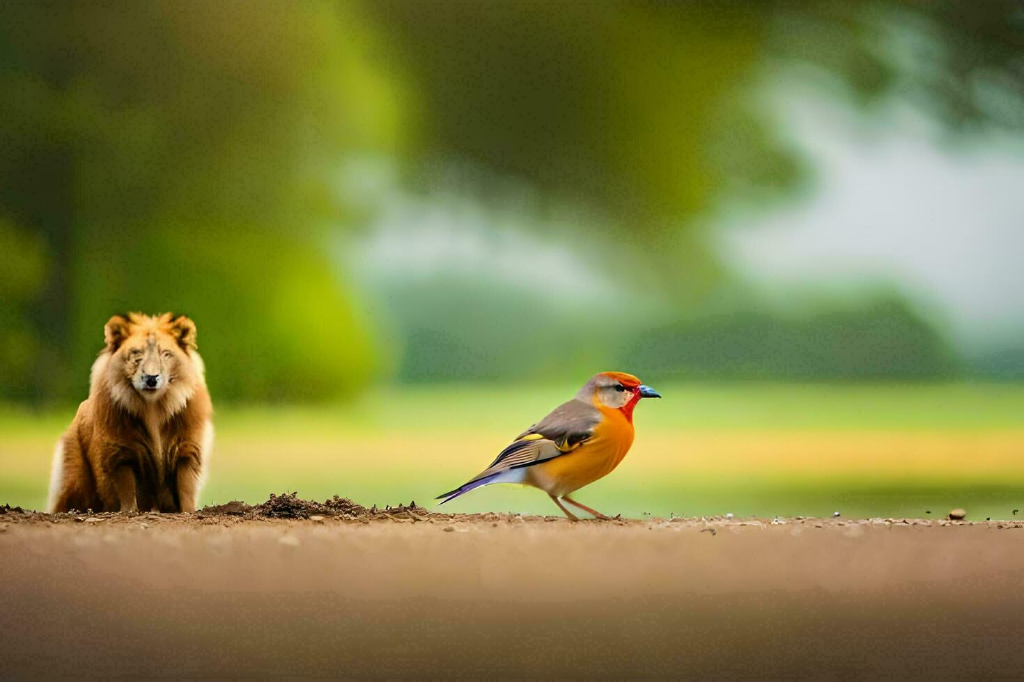 a bird and a bear standing on the ground. AI-Generated photo