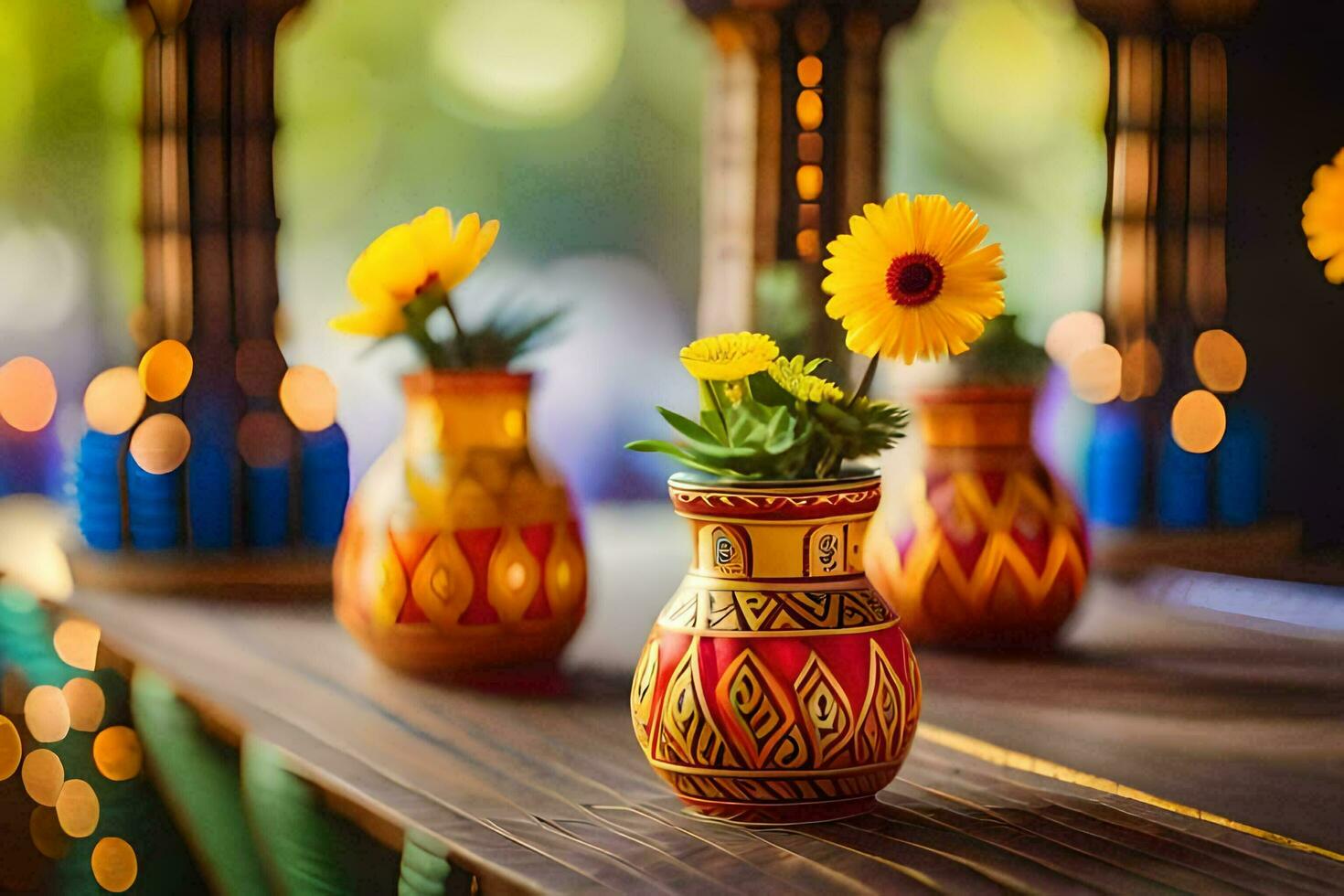 three colorful vases with yellow flowers on a table. AI-Generated photo