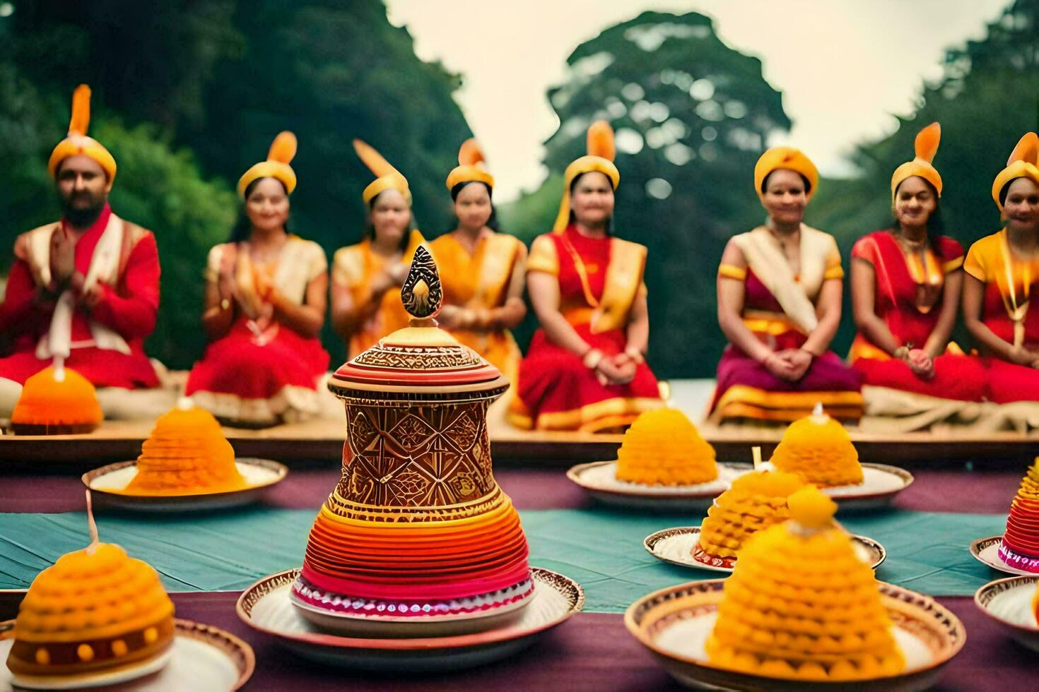 indio Boda ceremonia con un grupo de personas en tradicional atuendo. generado por ai foto