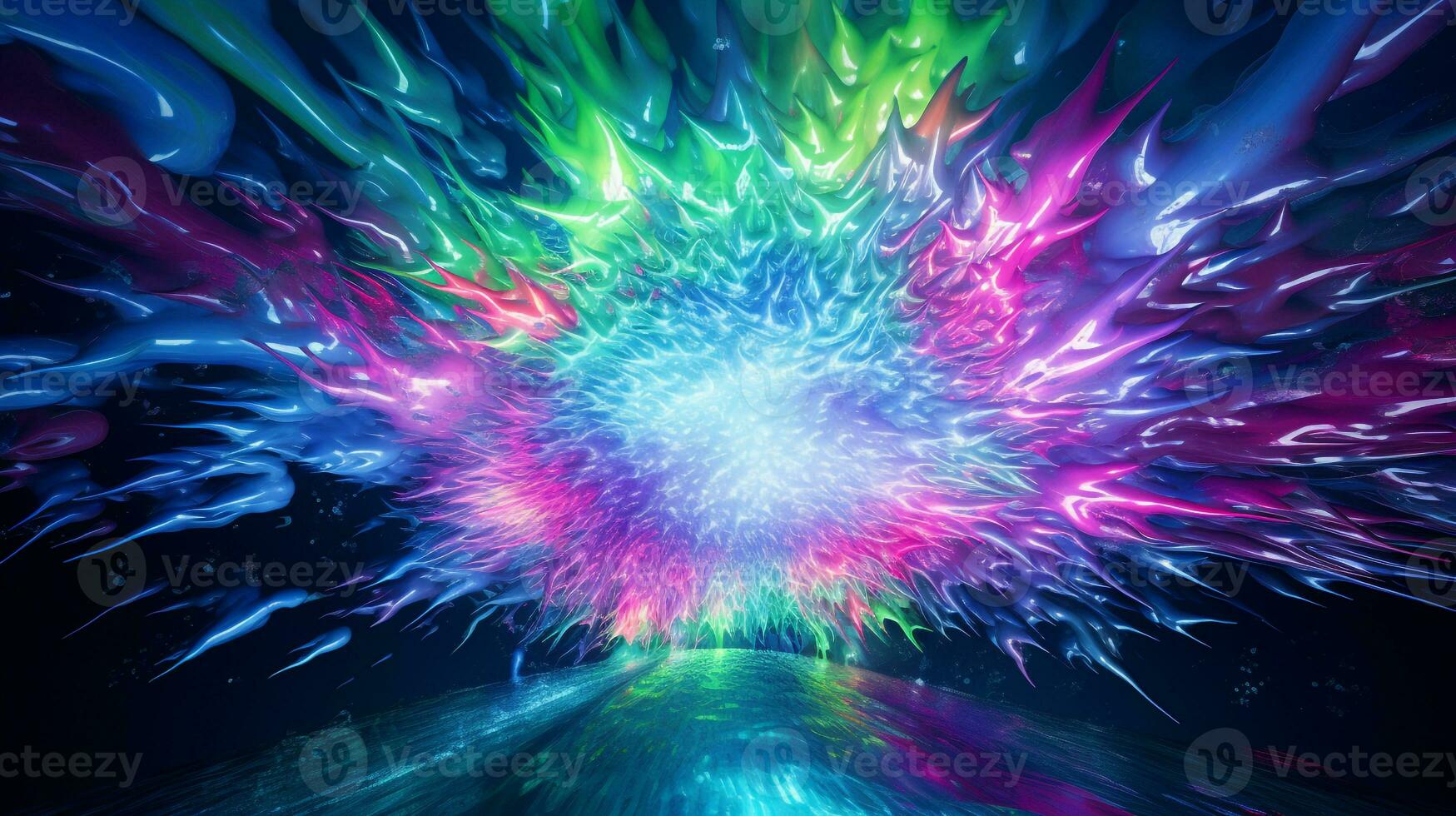 Explosion with cool blue wave pattern with green and pink neon light. Generative AI photo