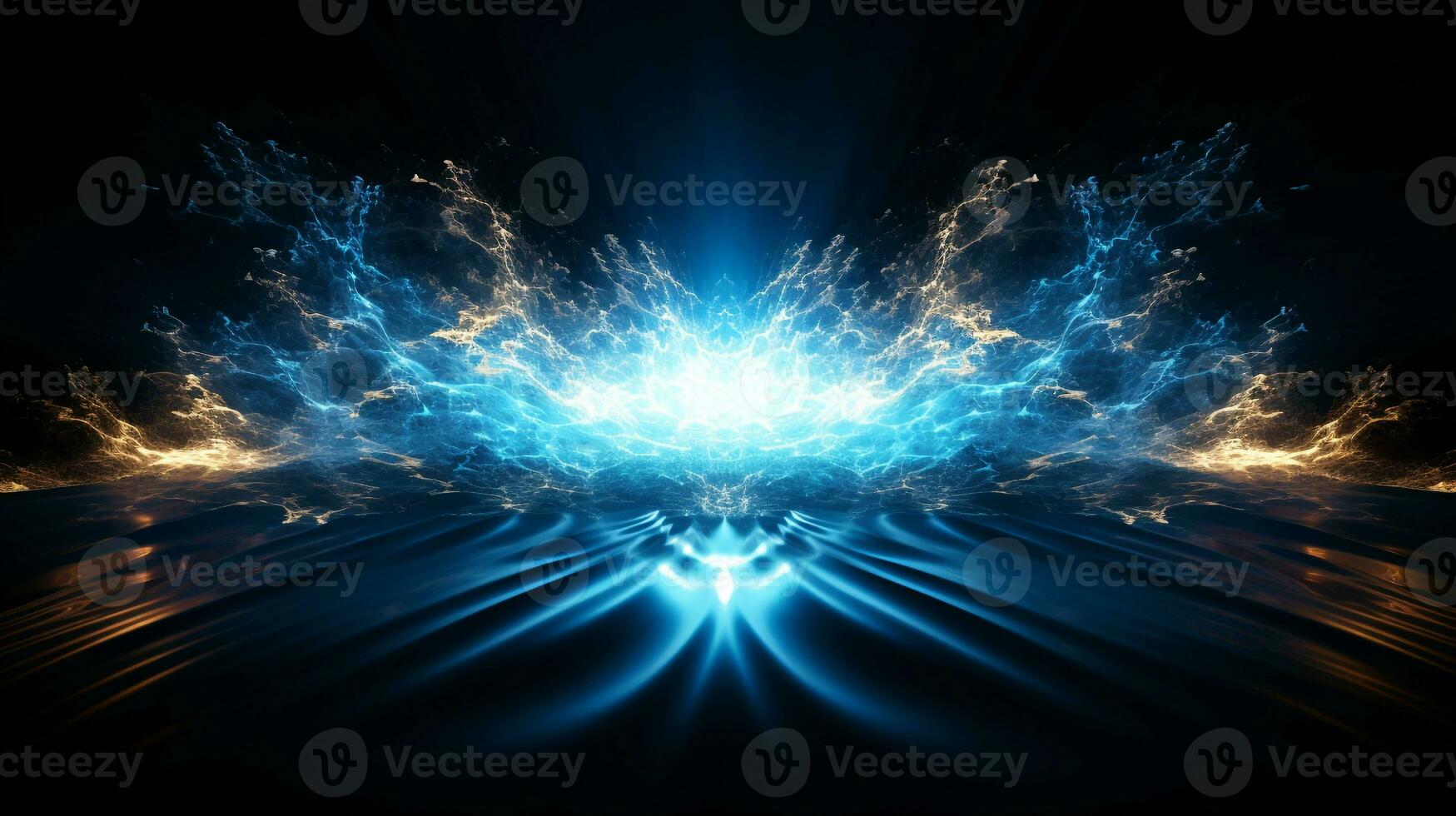 Explosion with cool blue wave pattern with golden and black neon light. Generative AI photo