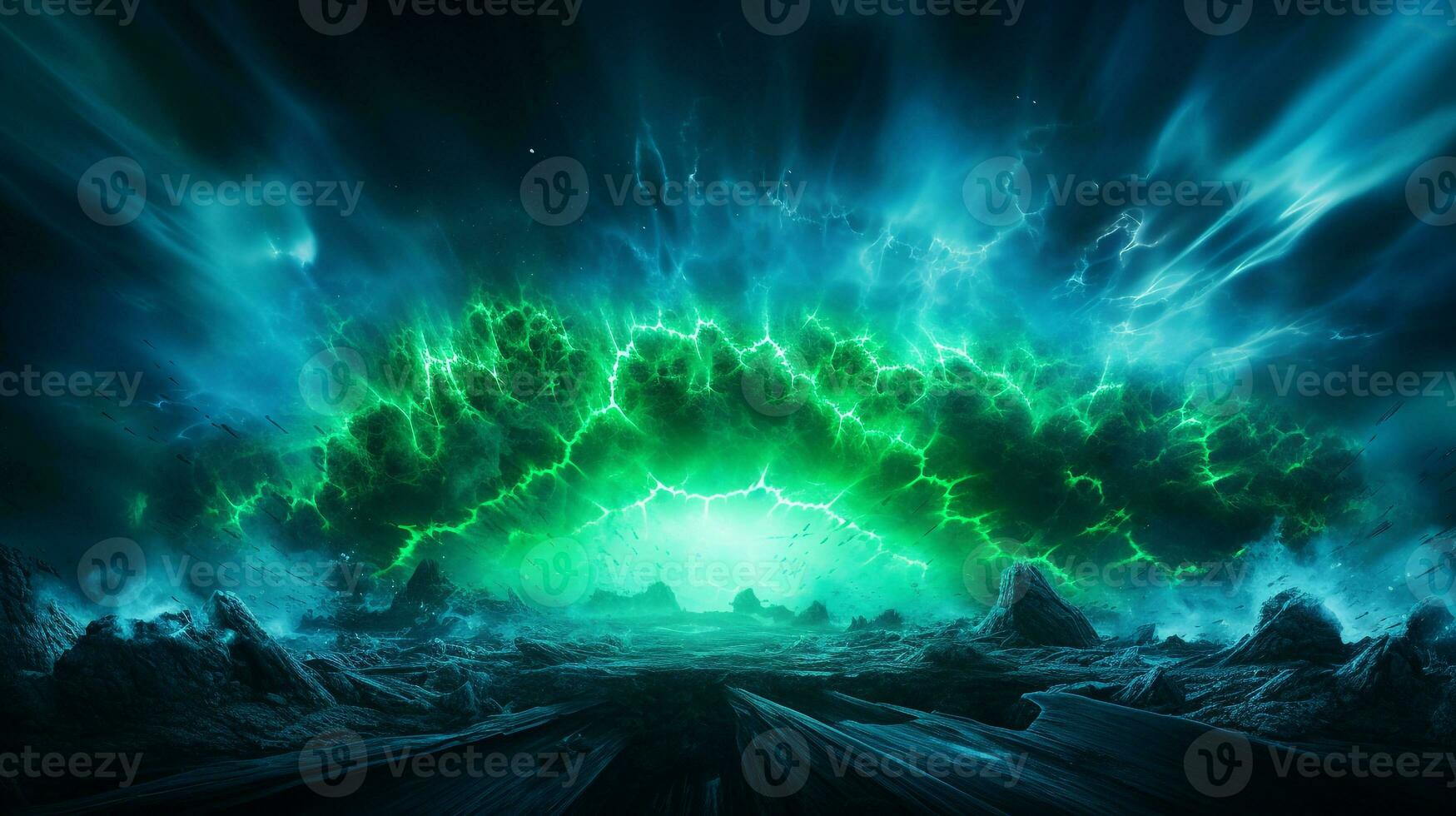 Explosion with cool blue wave pattern with green and black neon light. Generative AI photo