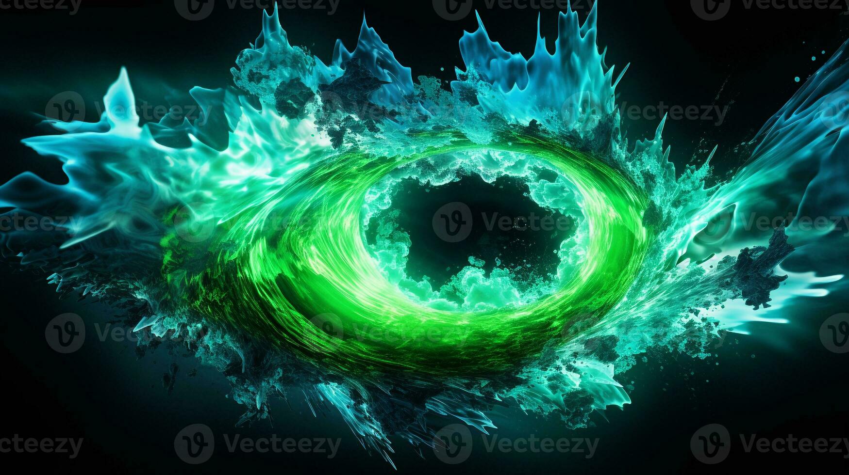 Explosion with cool blue wave pattern with green and black neon light. Generative AI photo