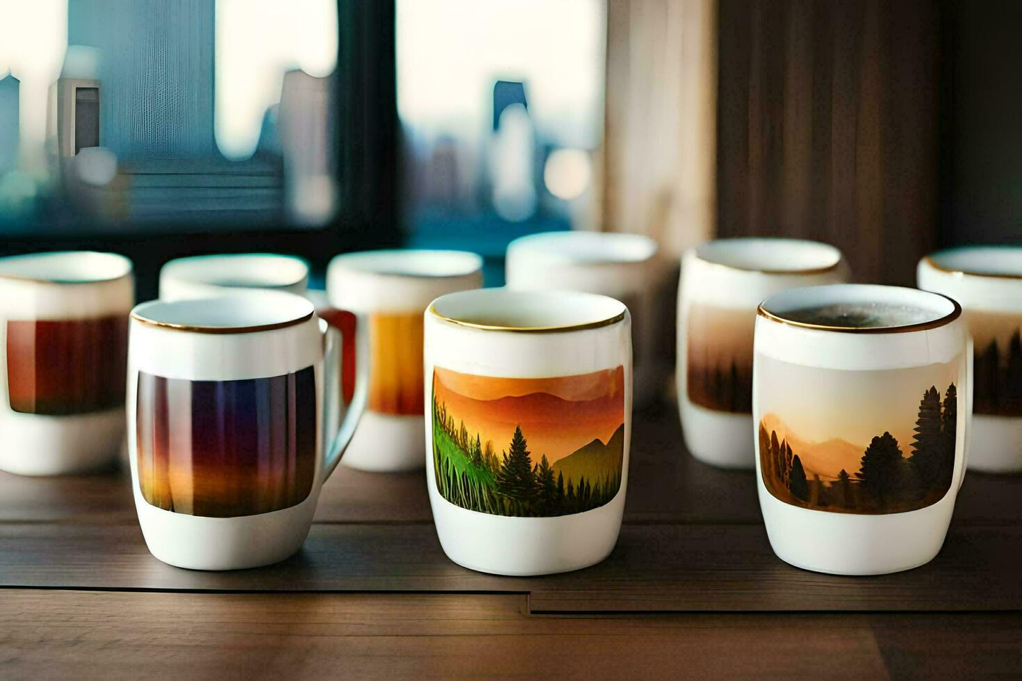 a group of coffee mugs with different designs on them. AI-Generated photo