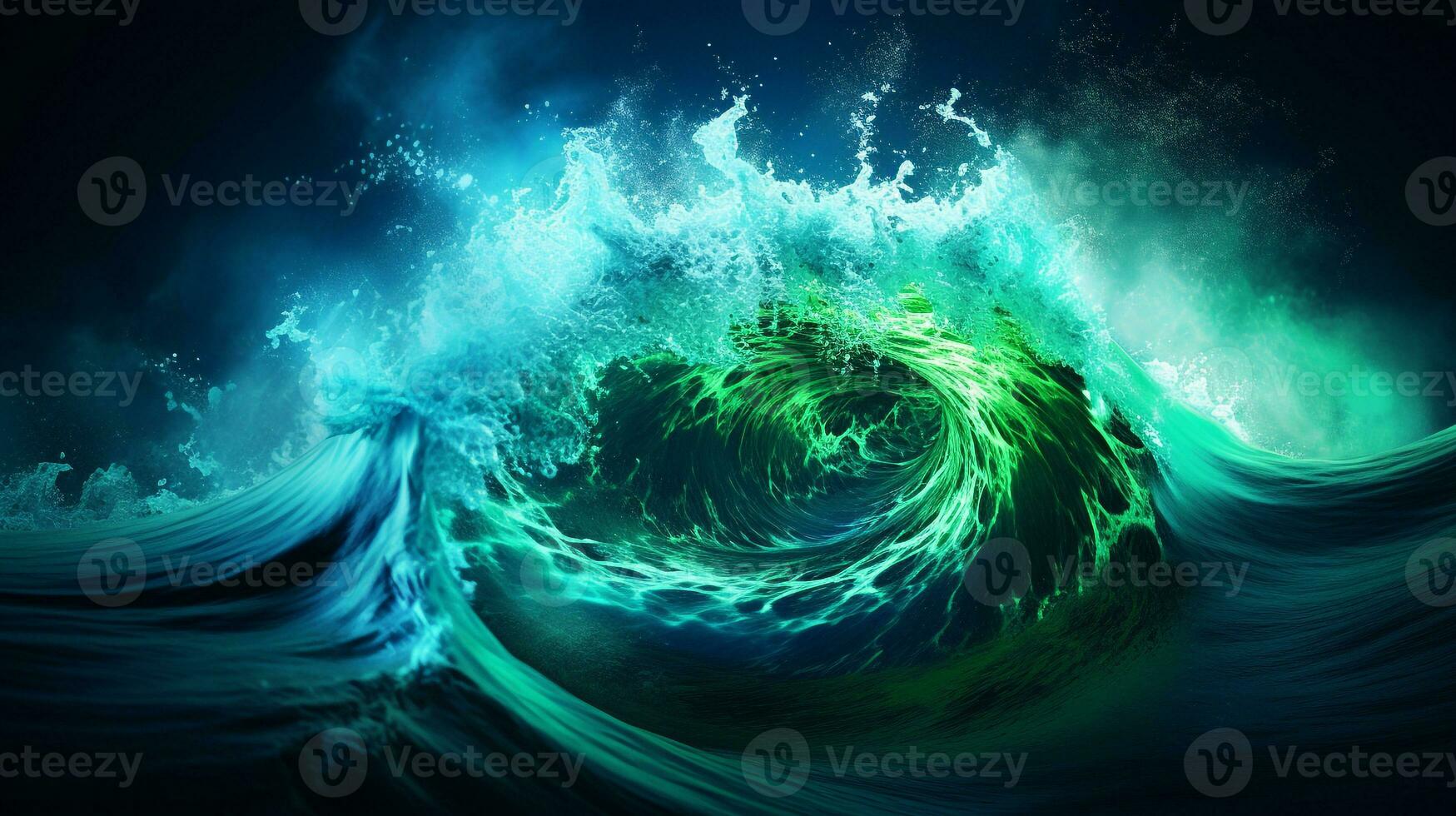 Explosion with cool blue wave pattern with green and black neon light. Generative AI photo