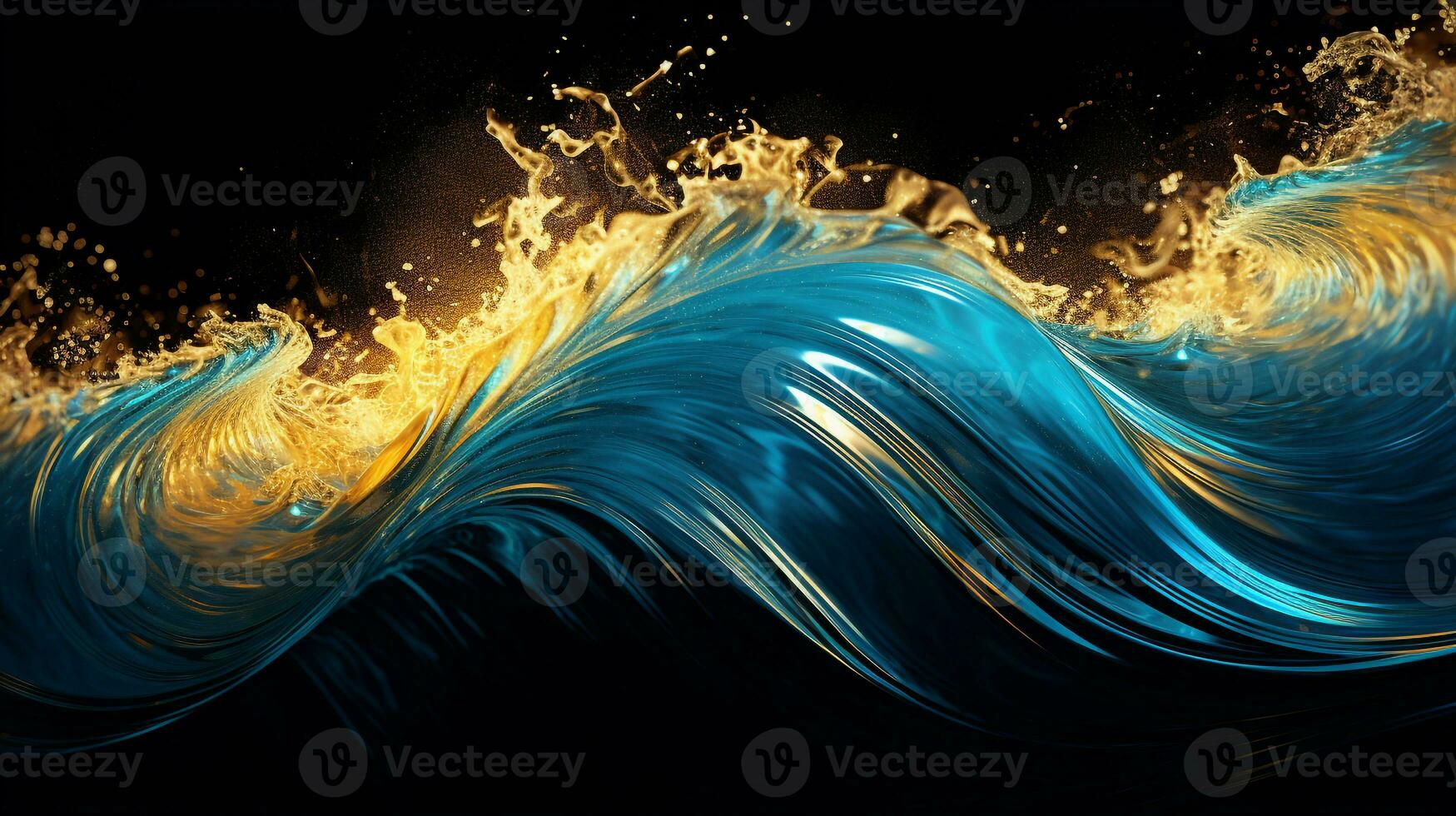 Explosion with cool blue wave pattern with golden and black neon light. Generative AI photo