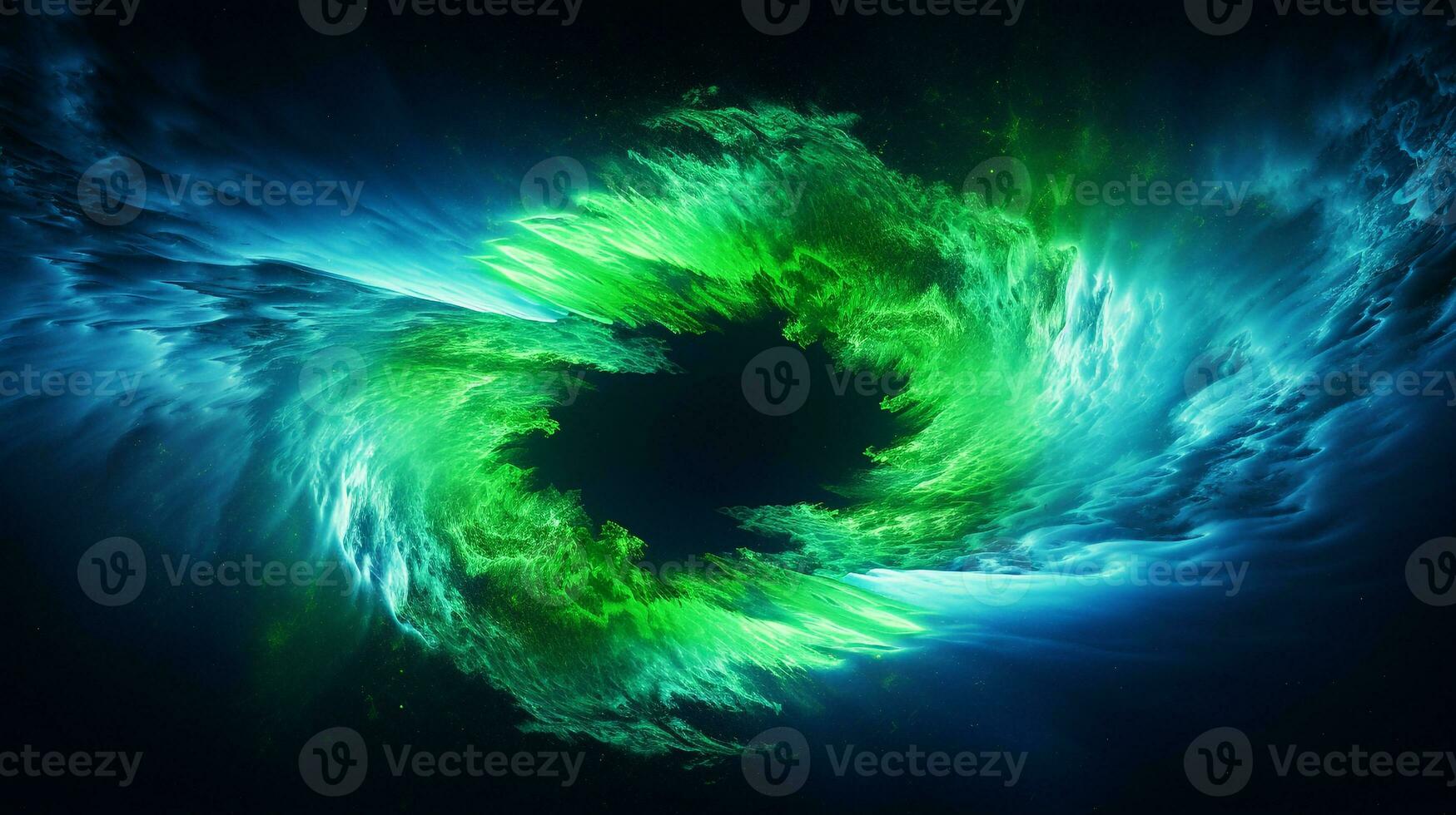 Explosion with cool blue wave pattern with green and black neon light. Generative AI photo