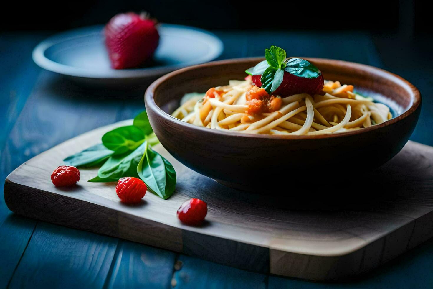 a bowl of pasta with tomatoes and basil leaves on a wooden cutting board. AI-Generated photo