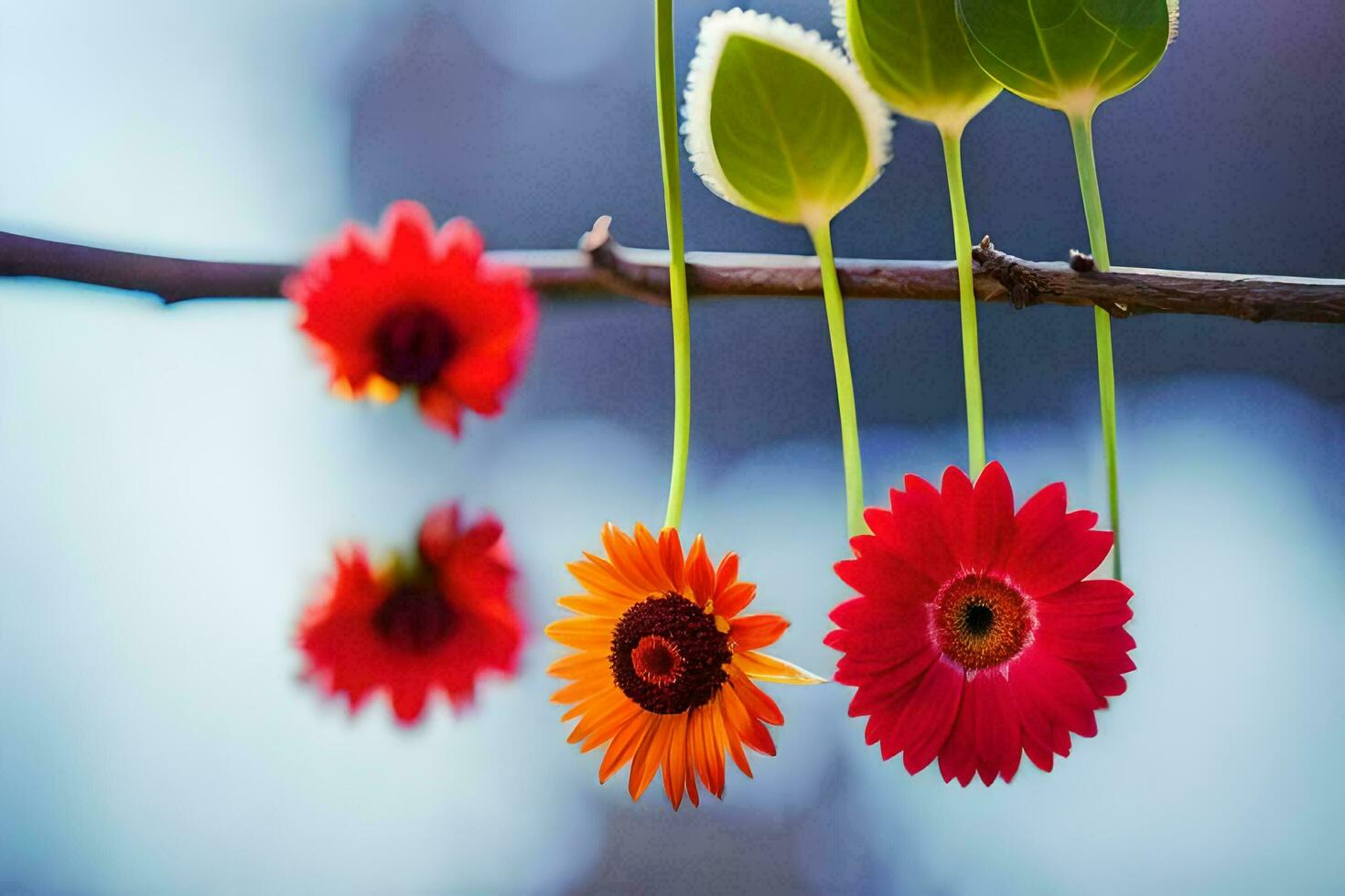 red flowers hanging from a branch with a blue sky. AI-Generated photo