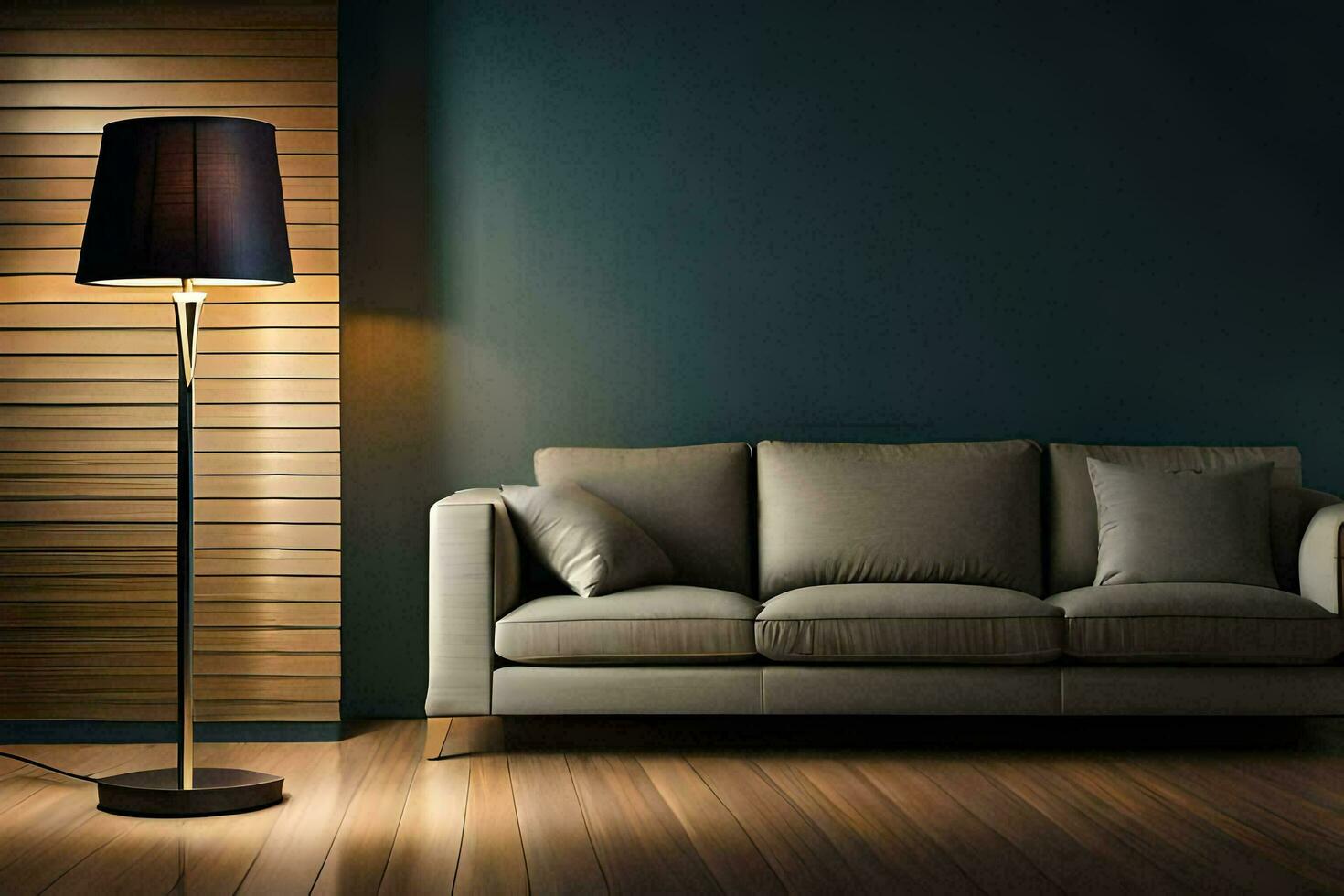 a modern living room with a couch and lamp. AI-Generated photo