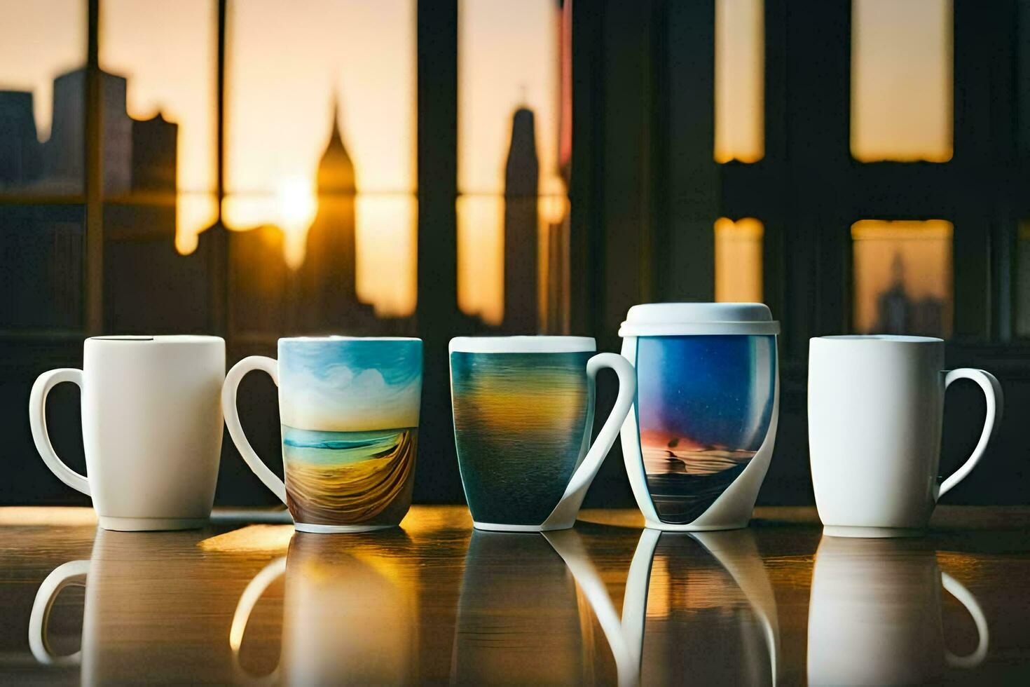 five coffee mugs lined up on a table with a cityscape in the background. AI-Generated photo