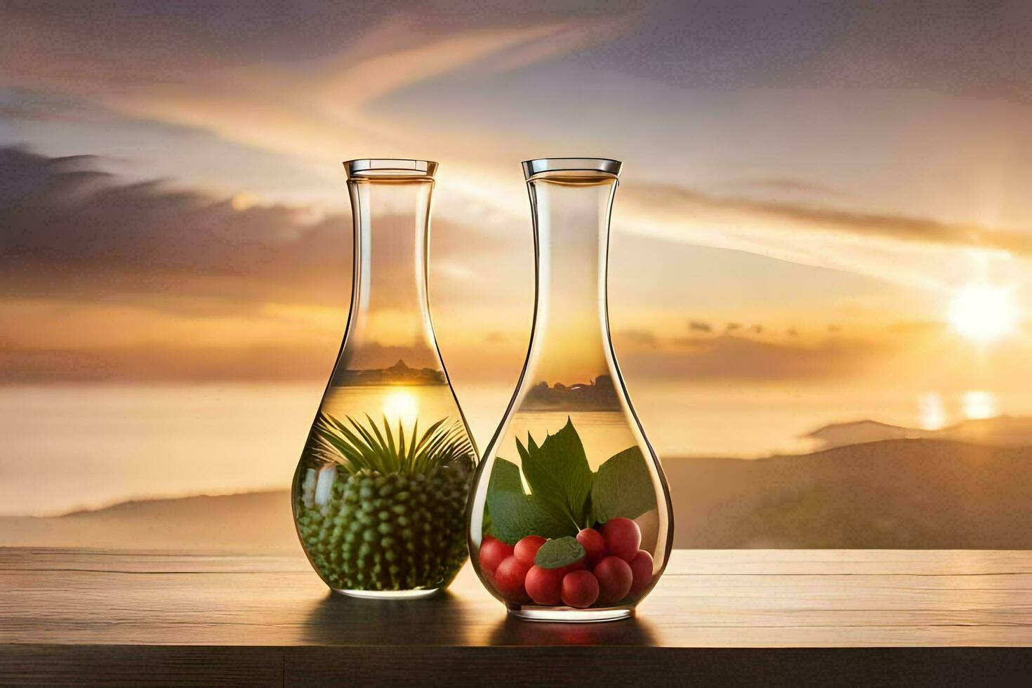 two vases with fruit and vegetables in them on a table. AI-Generated photo
